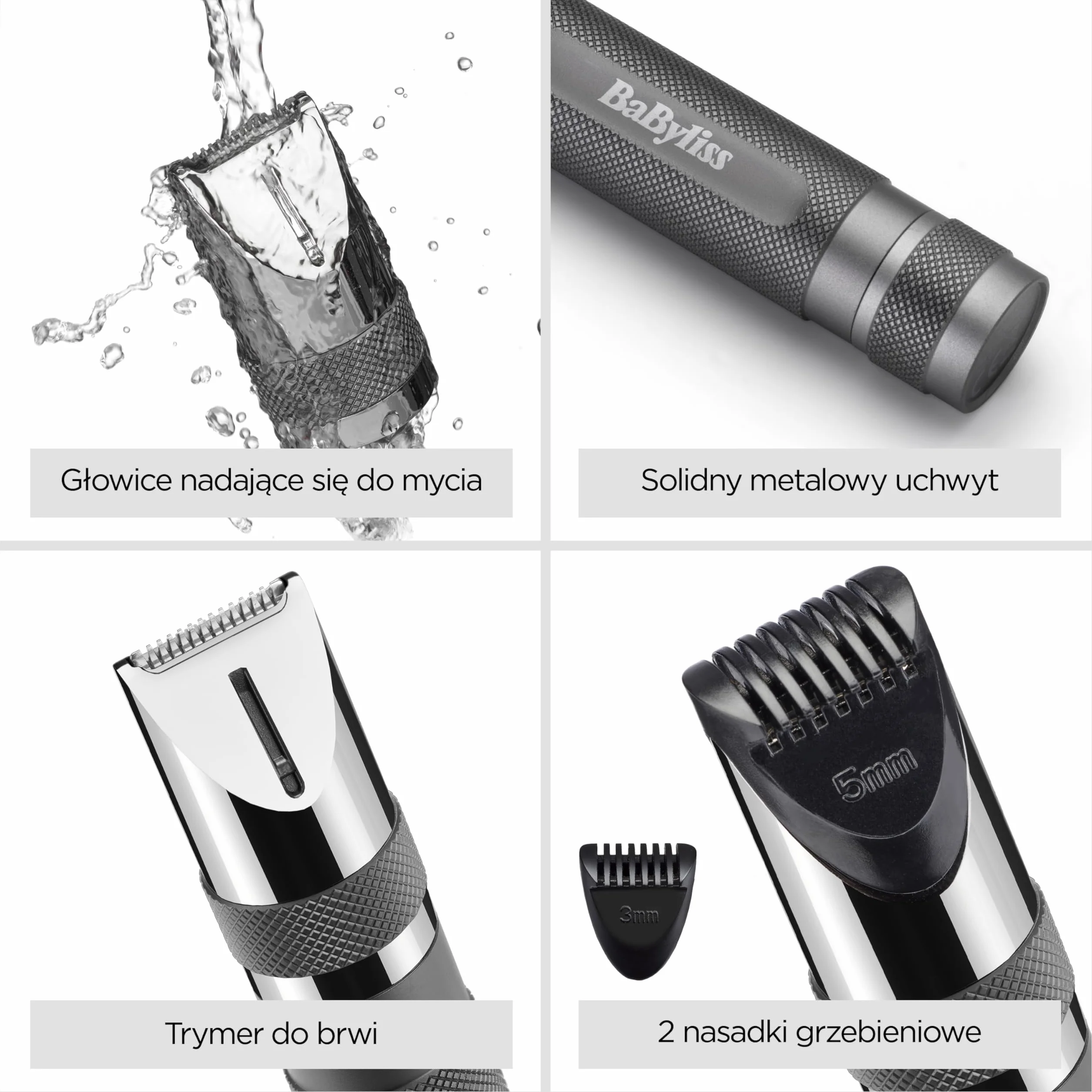 BaByliss Super-X Metal Precision Detail Trimmer - 3 w 1 Trymer do nosa, uszu i brwi, 2 nakładki, 2 nakładki grzebieniowe, zasilany bateryjnie – E116E
