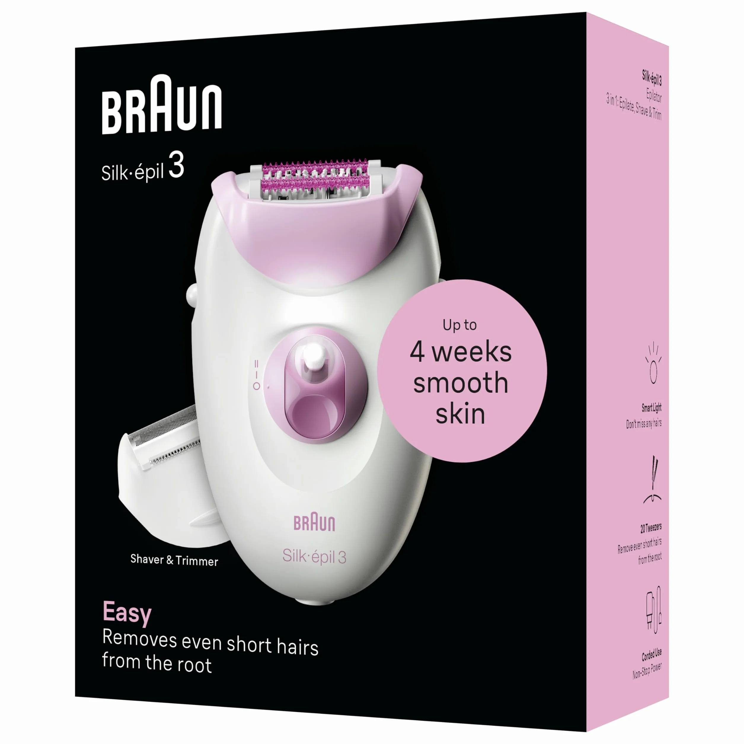 Braun Silk-épil 3, przewodowy depilator All-in-One: depilator, golarka, trymer/damski depilator do jedwabiście gładkiej skóry, wyprodukowano w Niemczech, 3-031, różowy