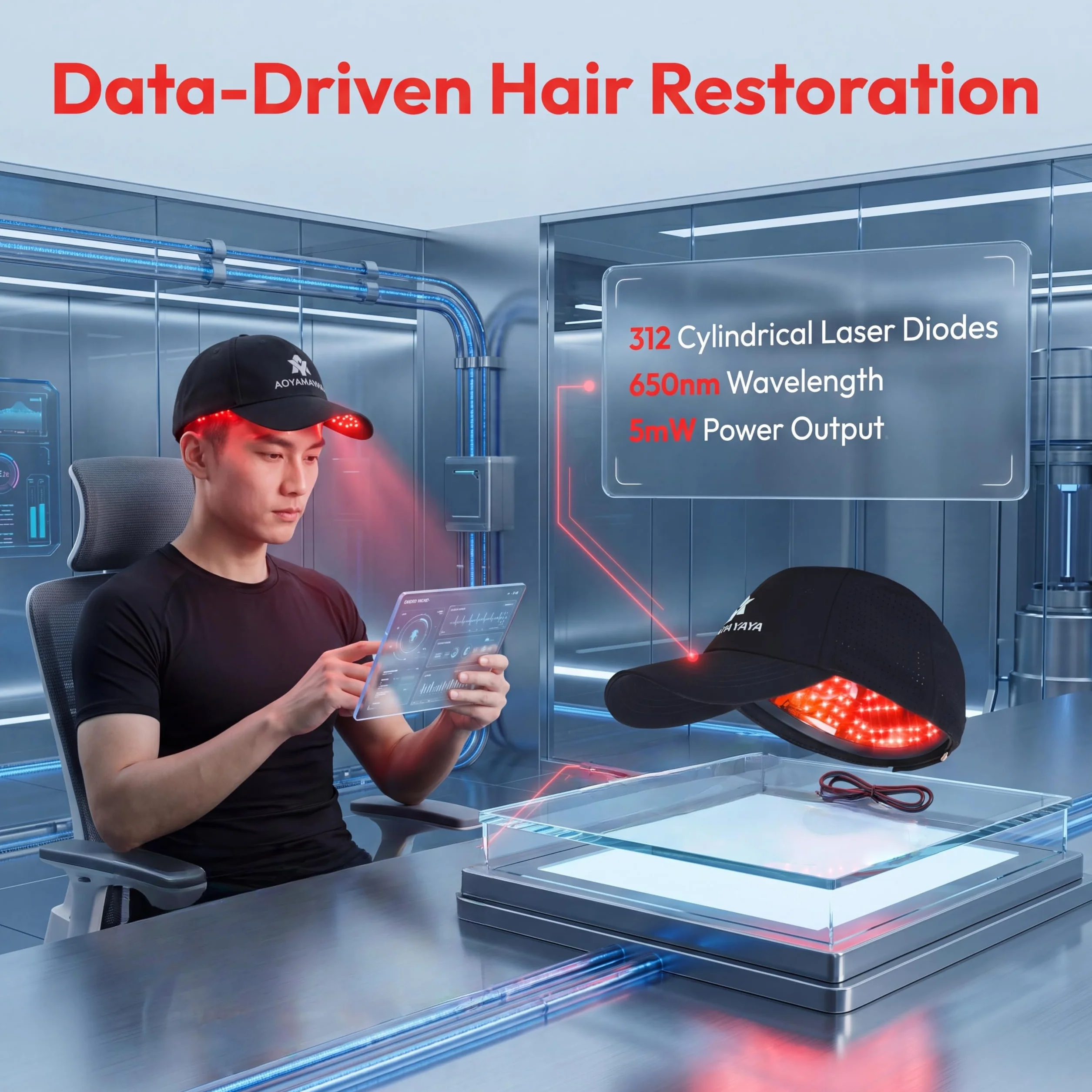 AOYAMA YAYA Laser Haarwachstums-Helm, 312 Laserdioden, 650 nm Wellenlänge, 230 g, z Transportbox i Powerbank