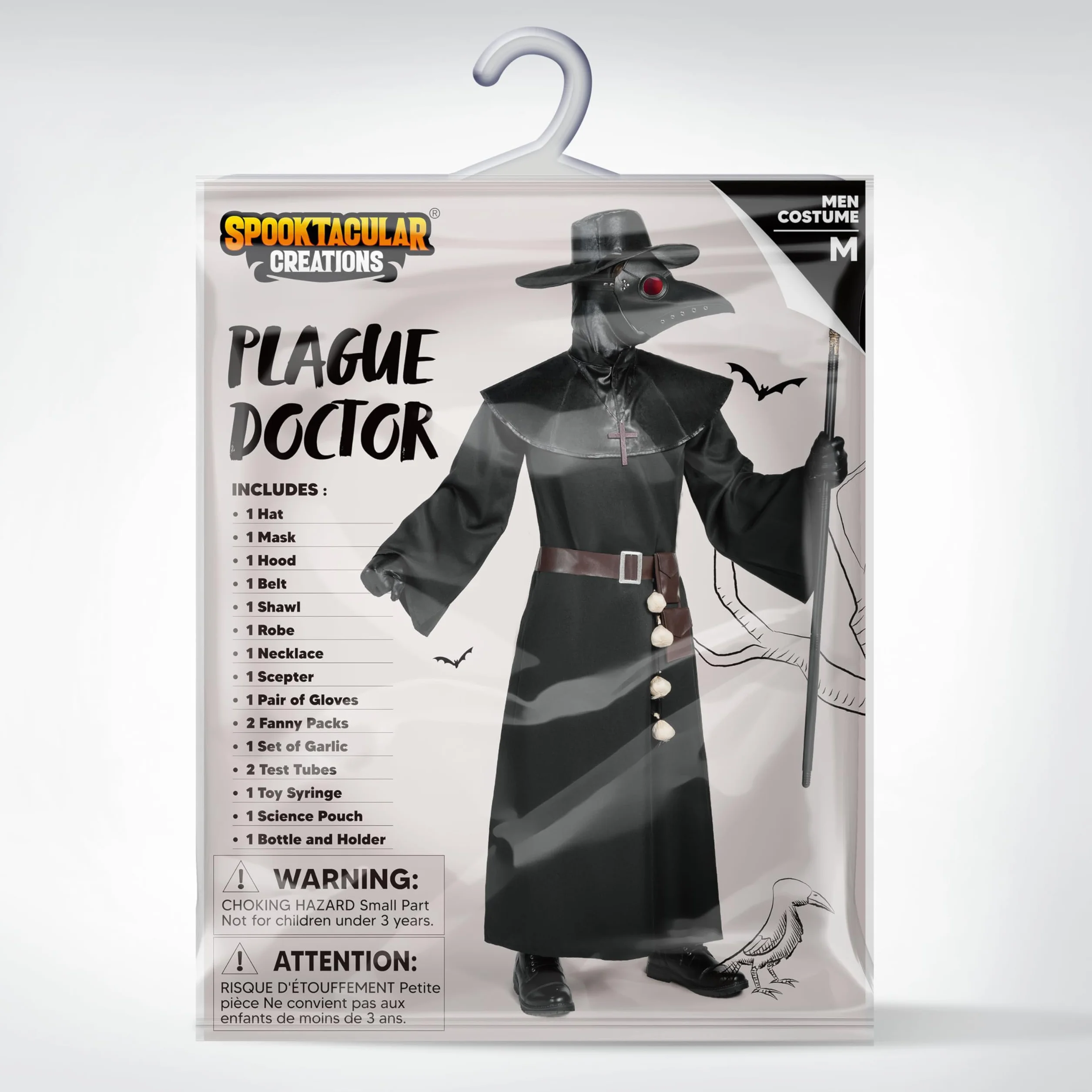 Spooktacular Creations Męski czarny kostium lekarza zarazy z kapeluszem, maską, szalem, szatą, rękawiczkami, paskiem, czosnkiem, berłem