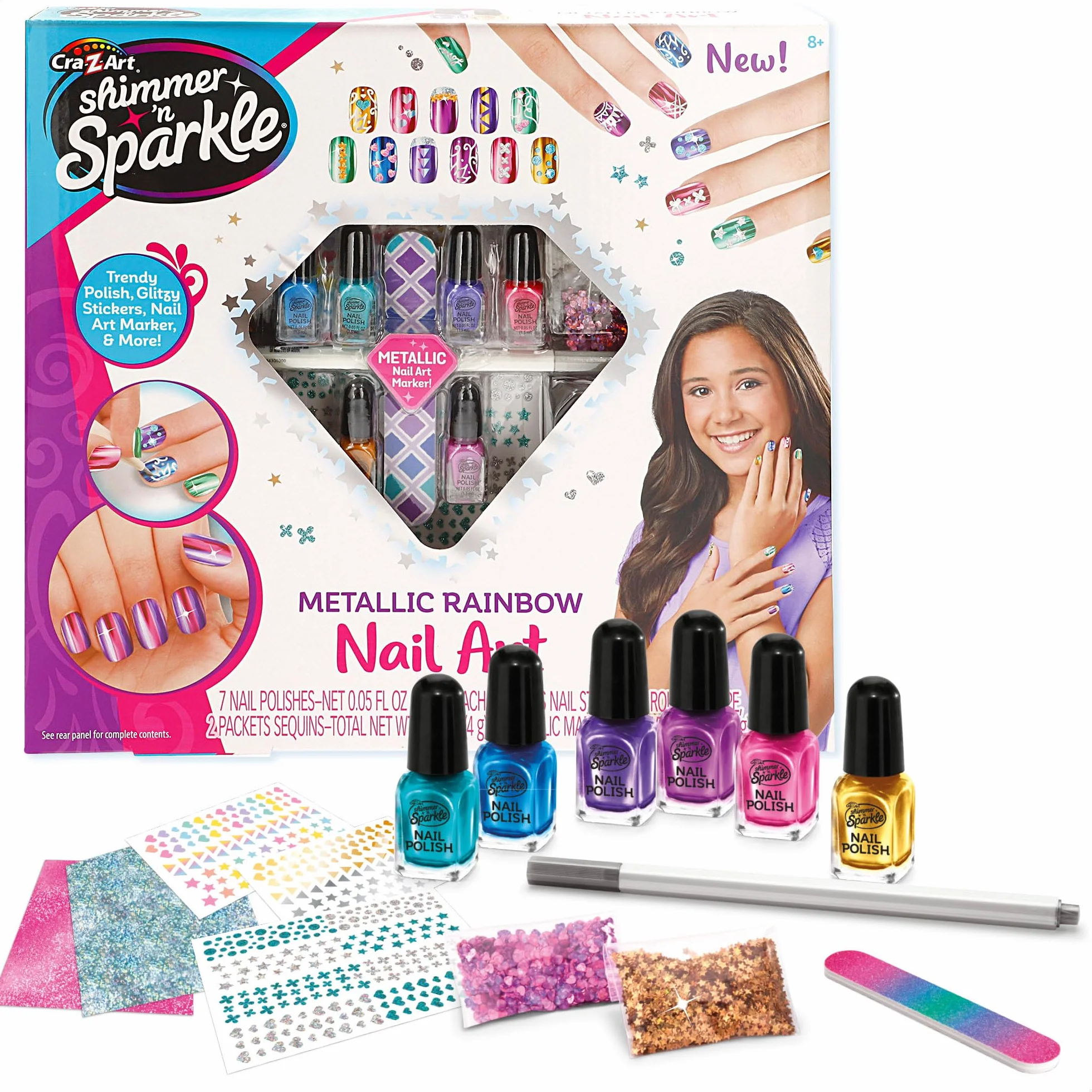 COLORBABY Zestaw lakierów do paznokci Shimmer N Sparkle, zawiera 6 lakierów, 2 woreczki z cekinami, 2 arkusze naklejek, pilnik i metaliczny marker, zabawki dla dziewcząt, manicure (46918)