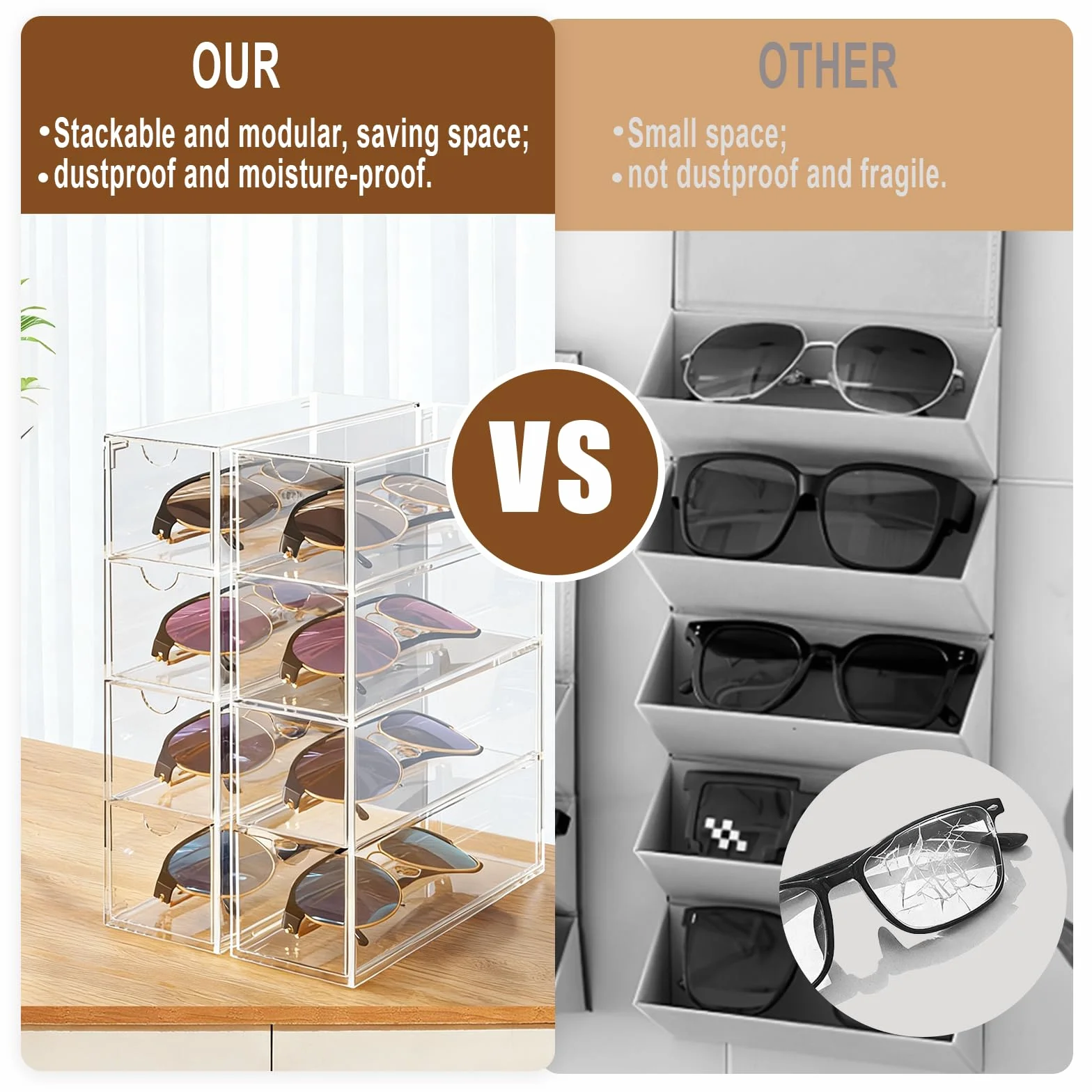 Akrylowy organizer na okulary, 6,5 x 17,5 x 24,5 cm przezroczysty organizer na okulary przeciwsłoneczne z 4 szufladami, możliwość układania w stosy, do przechowywania biżuterii i kosmetyków