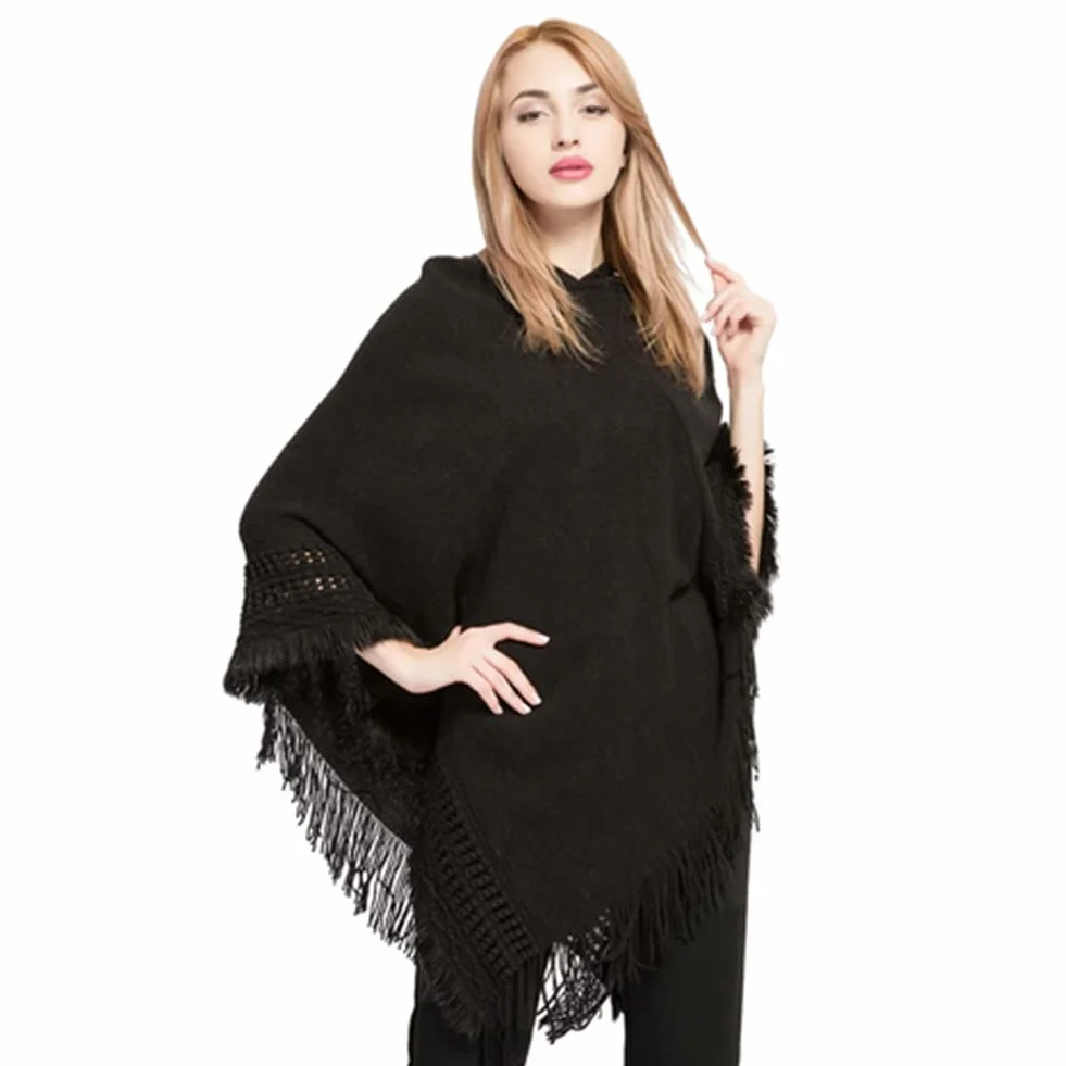 Proumhang Kobiety Hooded Poncho Sweater,Knit Shawl Cape Pullover z frędzlami,Kobiety Shawl Wrap Poncho Cape,Szale na jesień zimę,Prezenty dla kobiet Mama 85cm x 80cm