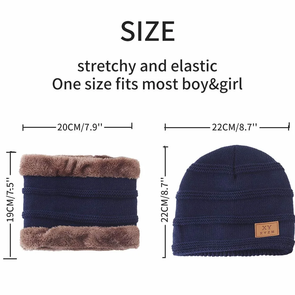 Dziecięca czapka zimowa i szalik zestaw ciepła dzianinowa czapka beanie i okrągły szalik z podszewką z polaru dla dzieci chłopców dziewcząt