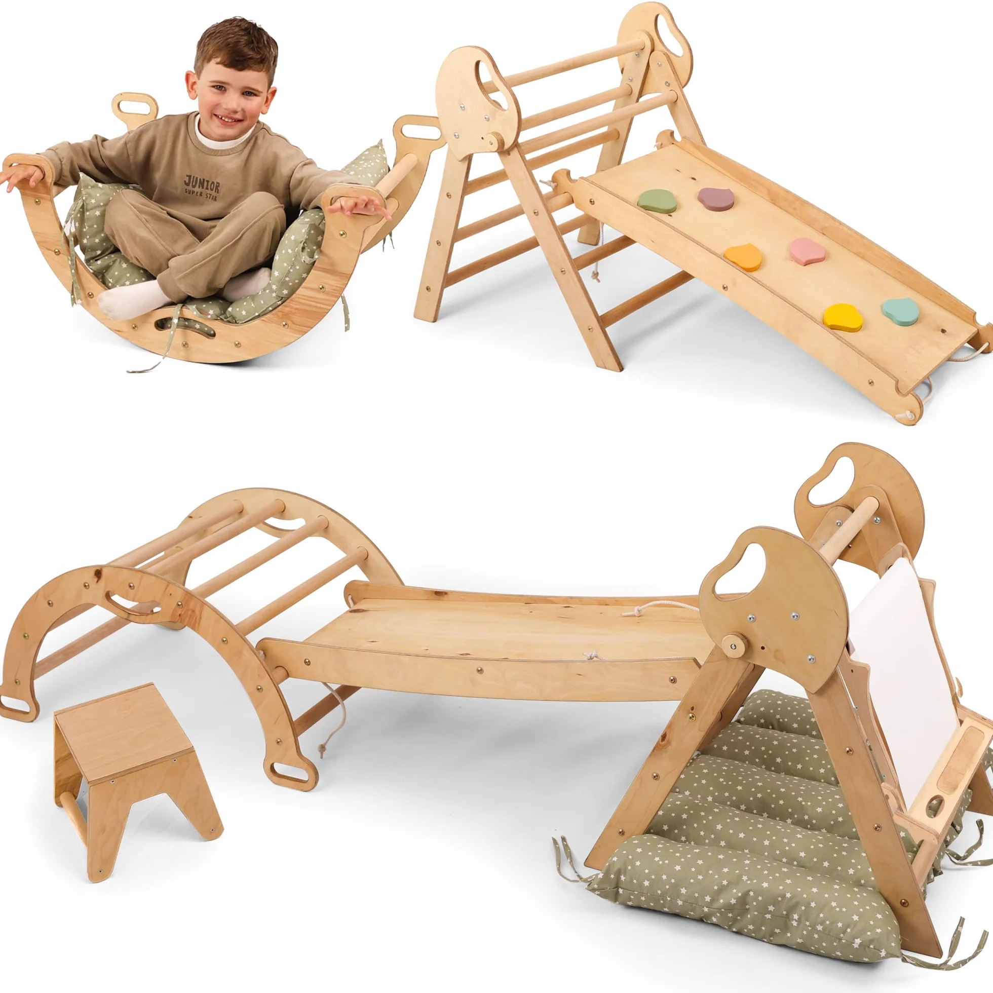 Goodevas Montessori zestaw rusztowań wspinaczkowych 5 w 1: do wnętrz, trójkąt wspinaczkowy, łuk wspinaczkowy z poduszką, zjeżdżalnia dla dzieci i do dodania sztuki, plac zabaw dla dzieci w wieku 1-3