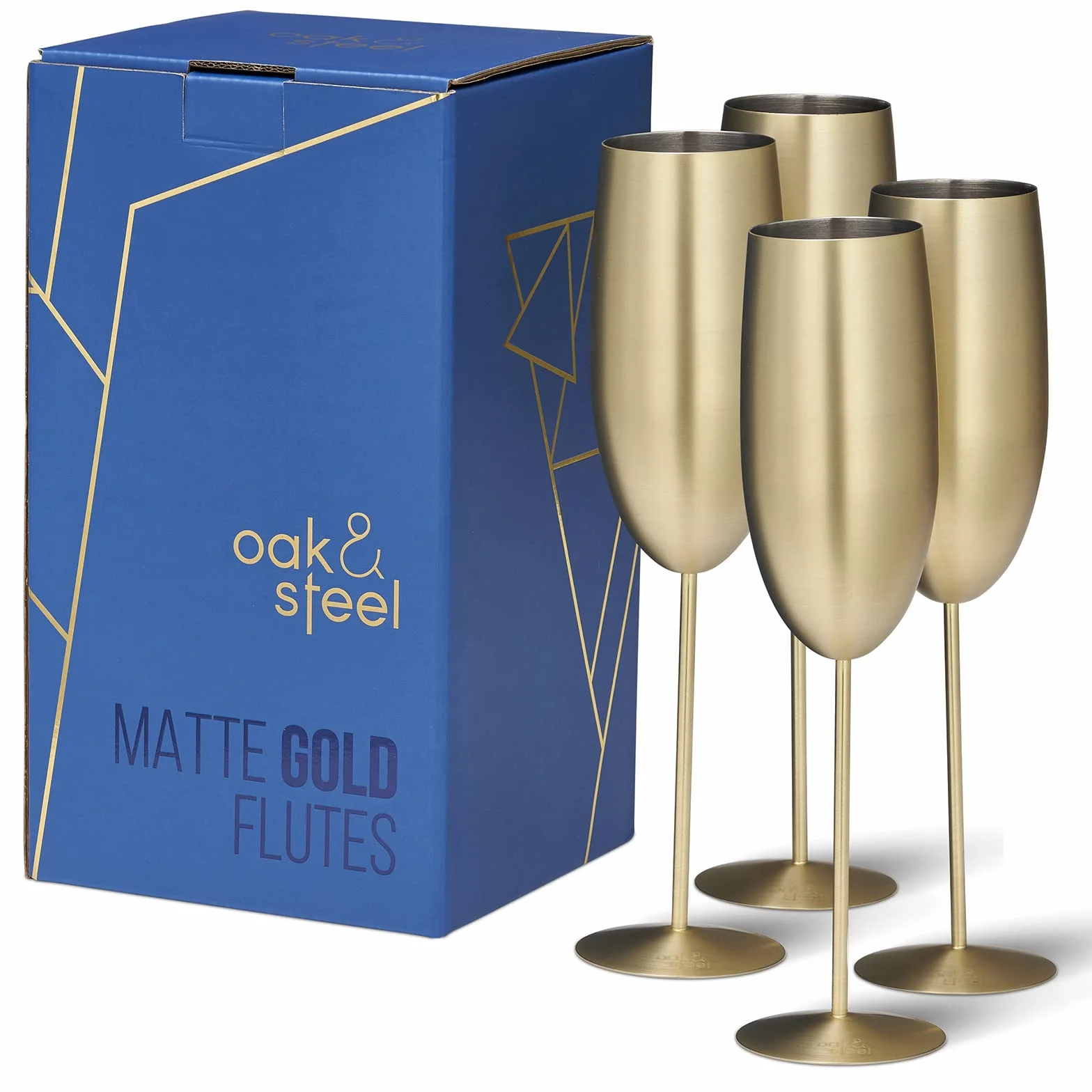 Dąb & Steel - 4 flety szampana ze stali nierdzewnej z pudełkiem prezentowym, 285ml - matowe złoto - eleganckie, solidne i niełamliwe - urodziny, wesela i Walentynki