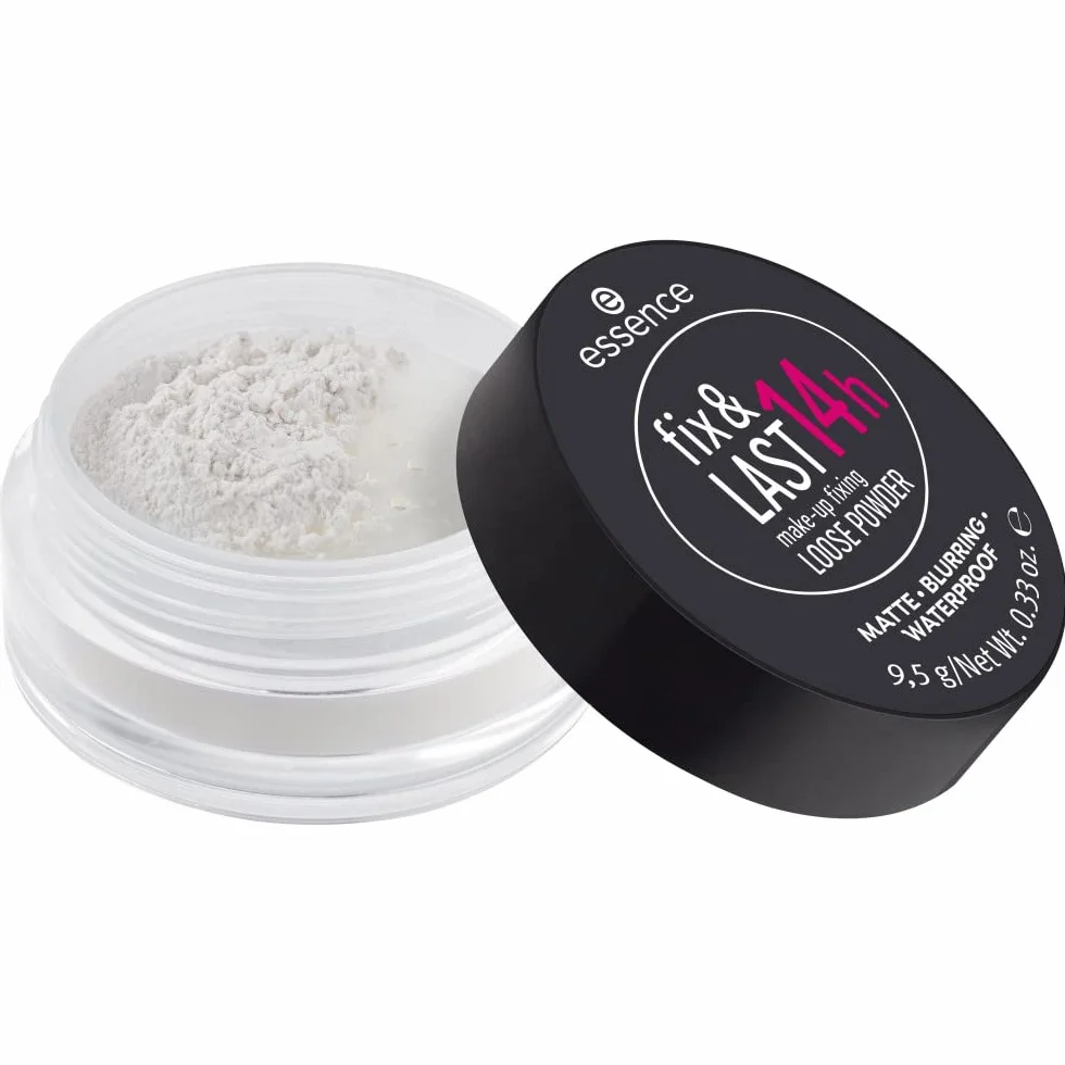 essence Sypki puder utrwalający makijaż fix & LAST 14h, długotrwały, ustalający, kontrola natłuszczenia/kontrola połysku, matowy (9.5g)