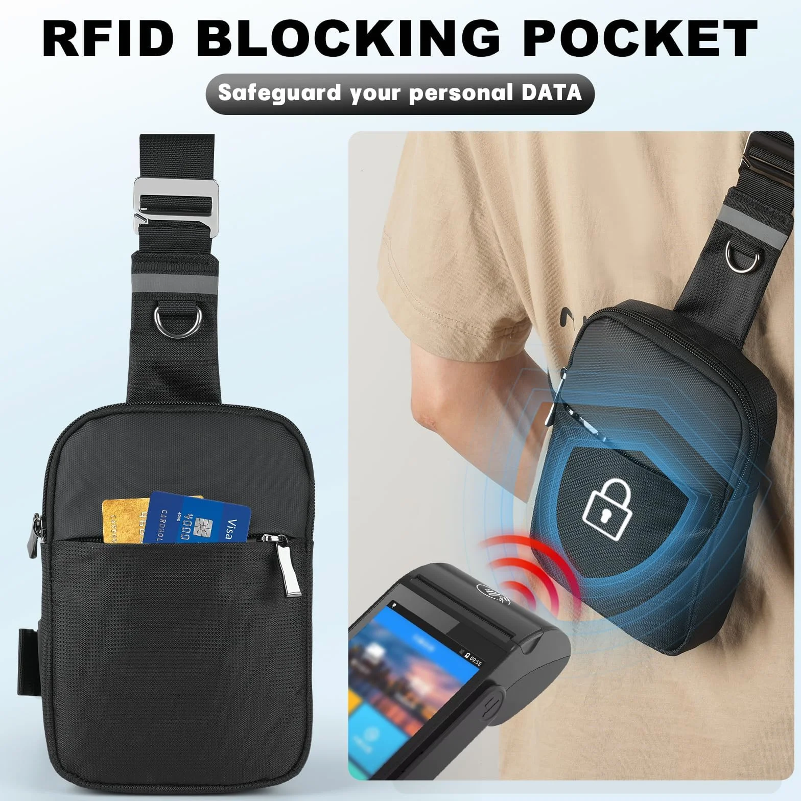 Sling Bag torba na ramię na klatkę piersiową dla mężczyzn i kobiet z blokadą RFID, torba na ramię, torba na klatkę piersiową, mała torba na podróż, na telefon, brzuch, sport, wędrówki, Lewe