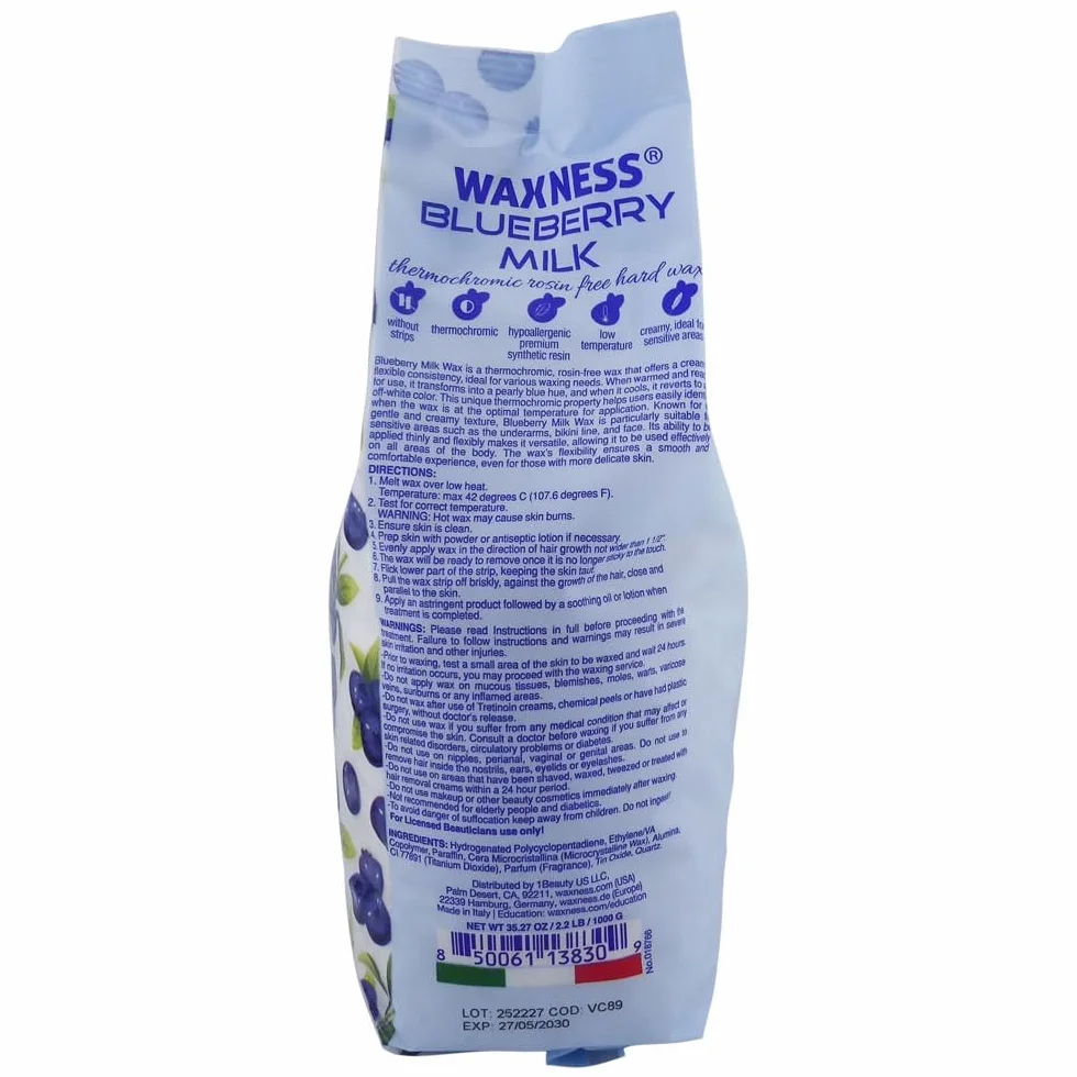 Waxness Blueberry Milk termochromiczne perły z twardego wosku 1 kg – wosk niskotemperaturowy – usuwanie włosów bez pasków woskowych