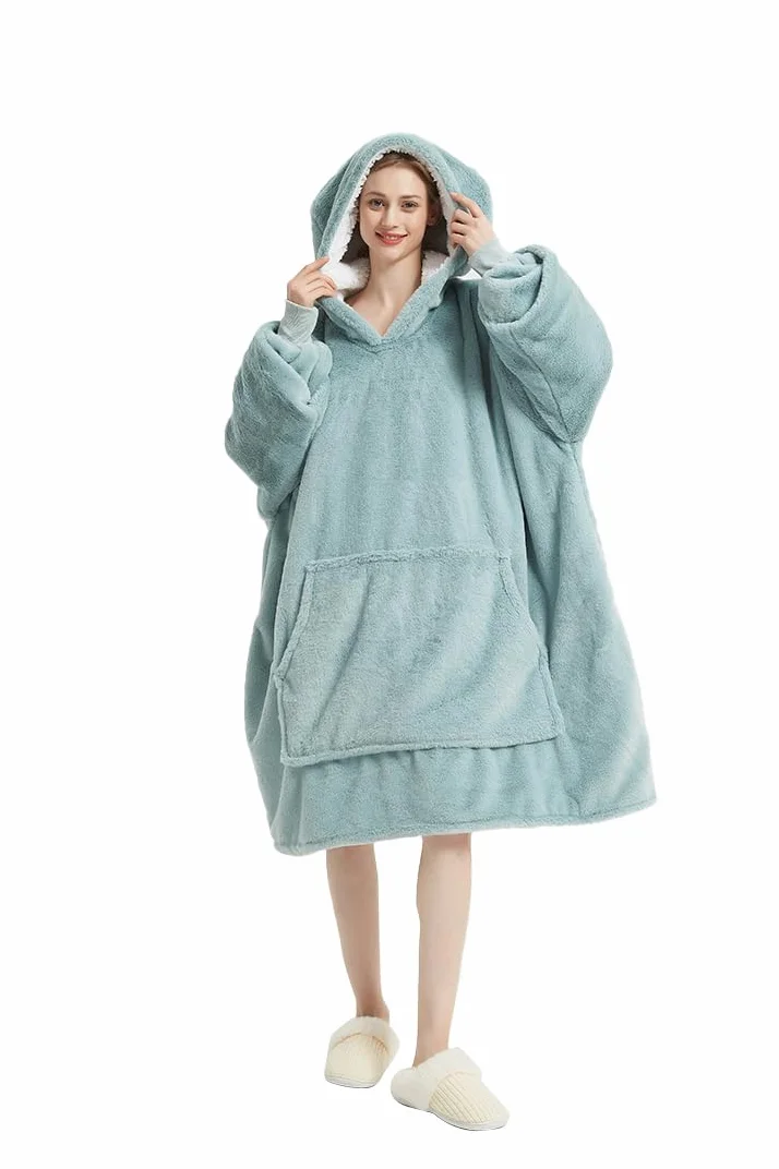 Lanqinglv Koc pod TV z rękawami i kieszenią na stopy, koc z kapturem, oversized, damski / męski sweter z kapturem, puszysty koc na sofę, ciemnoniebieski, koc polarowy Teddy Cashmere Touch