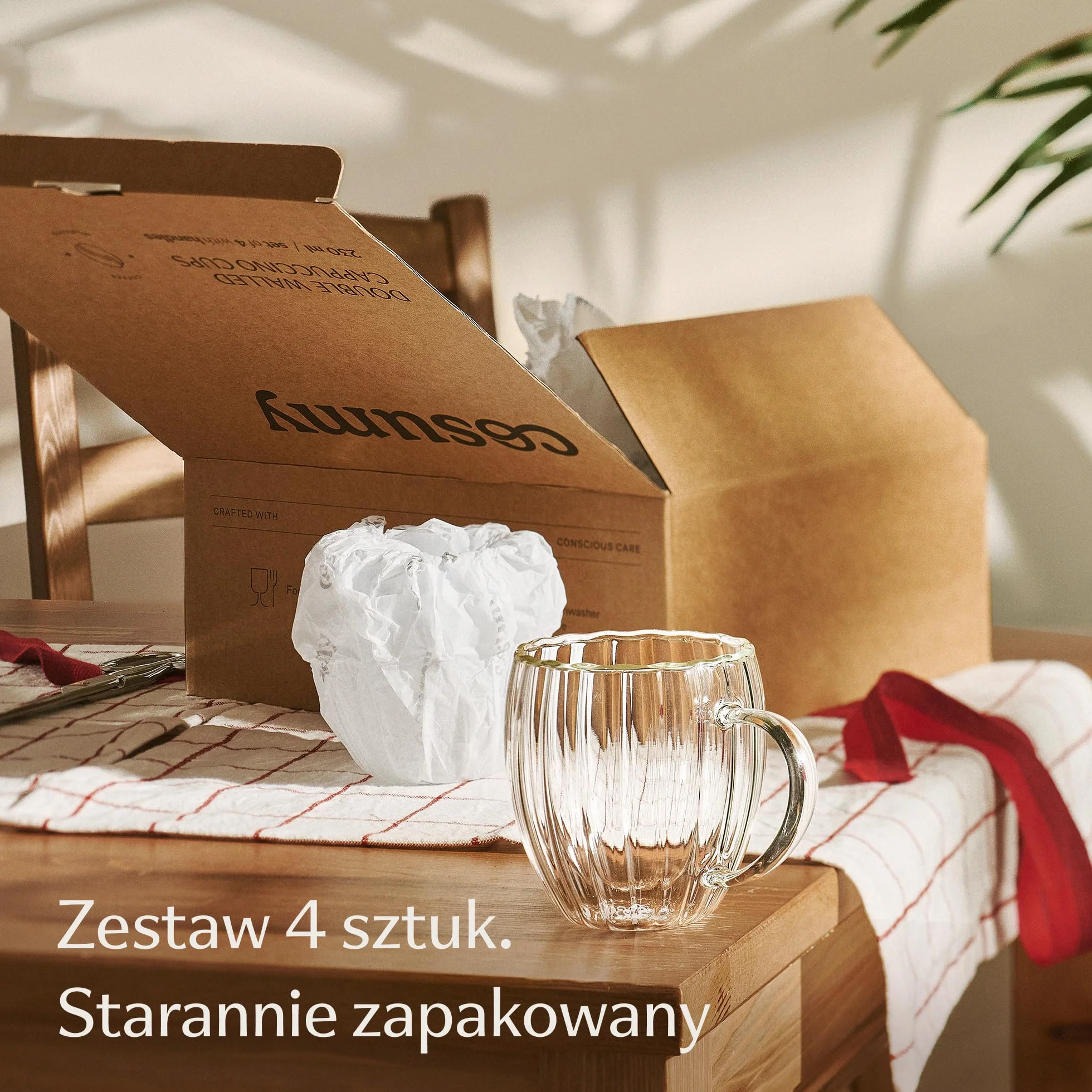 Cosumy Filiżanki do Cappuccino Szklane Dwuścienne - 4szt 230ml - Efekt pływający izolujący ciepło - Żłobkowana konstrukcja - Odporne na ciepło - Można myć w zmywarce