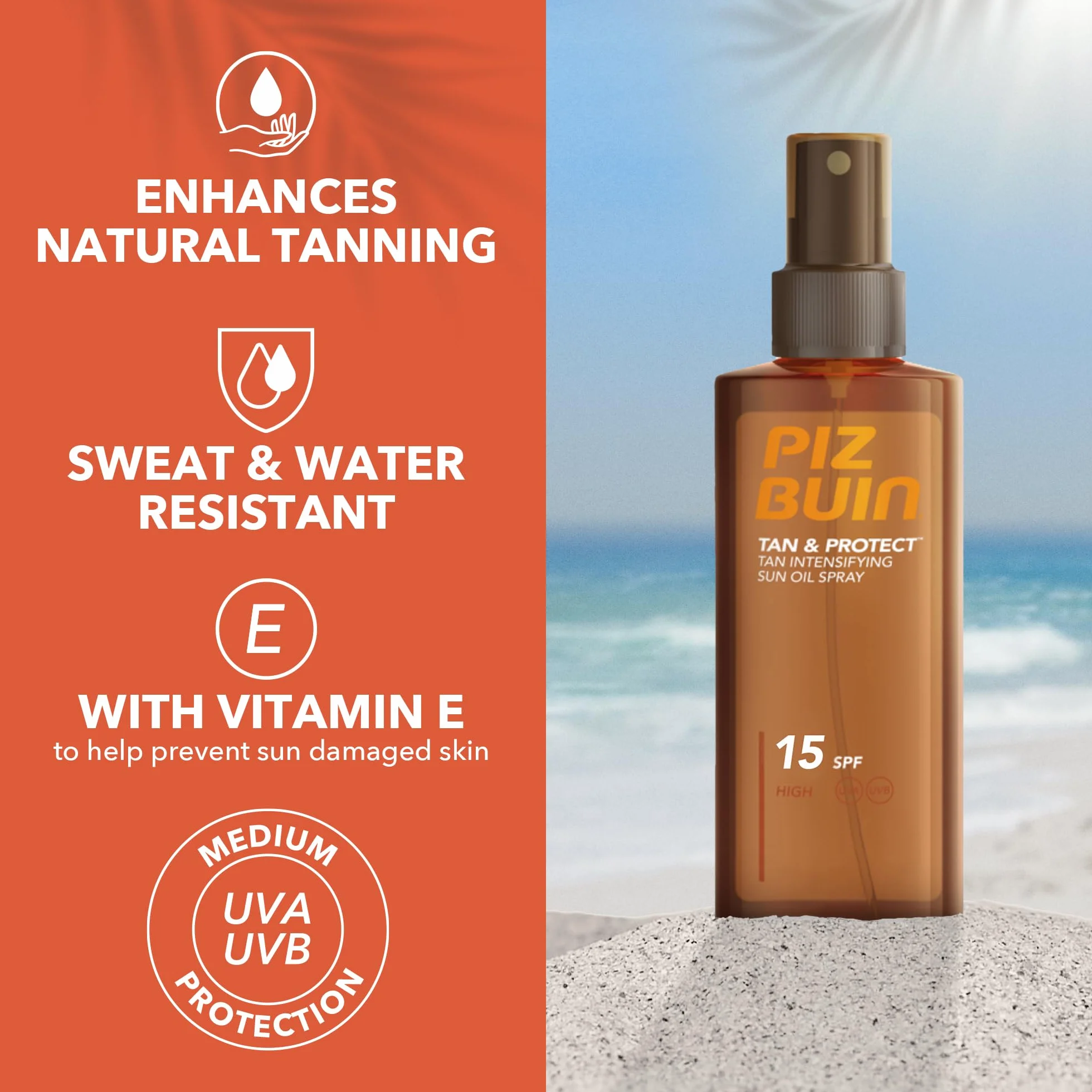 Piz Buin Tan & Protect, olejek do opalania w sprayu z ochroną przeciwsłoneczną LSF 15, wodoodporny i szybko się wchłania, 150 ml