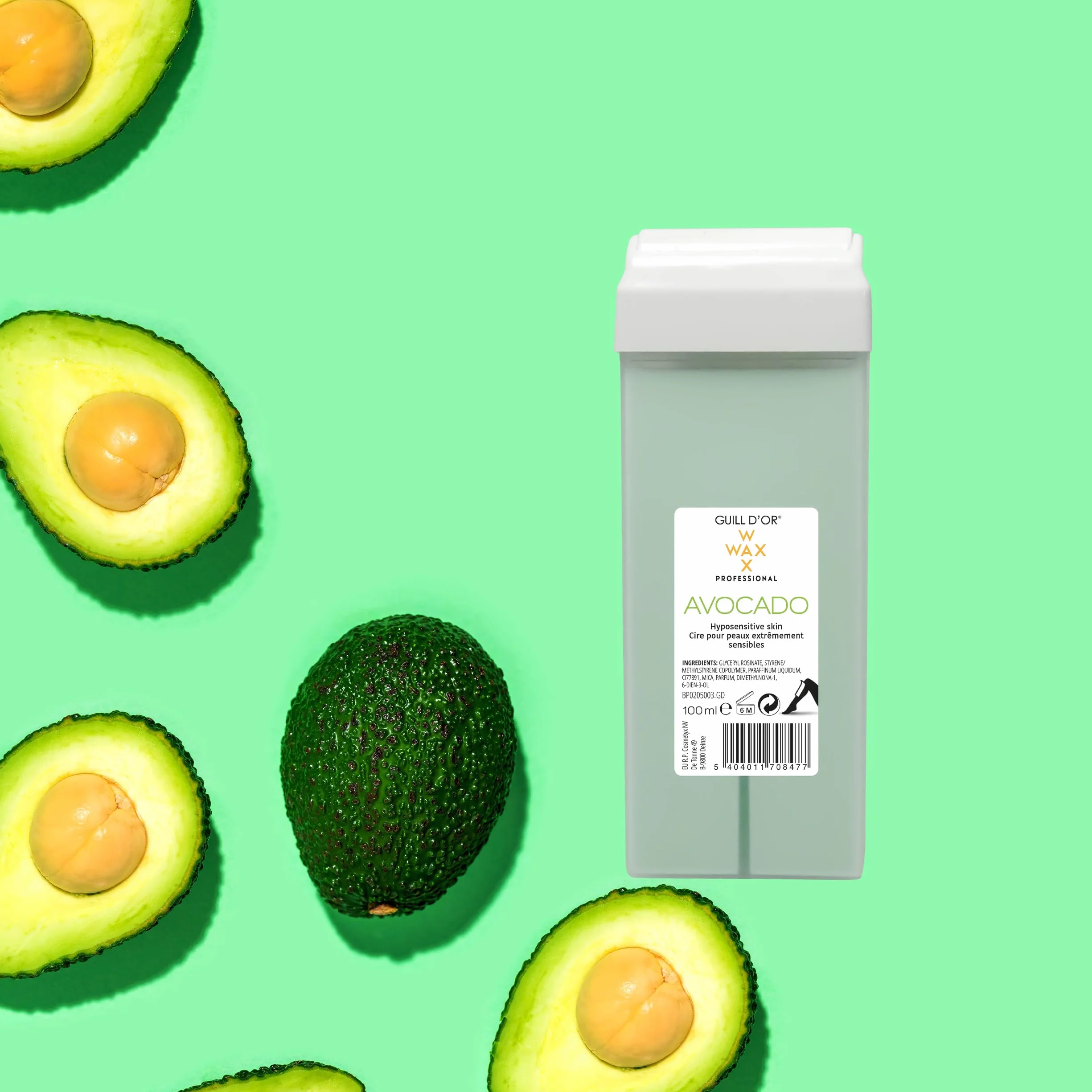 Wkład woskowy o pojemności 100 ml marki Guill Avocado WaxWax Professional Quality do depilacji nóg, pach, ciała. Łatwy w użyciu, do skóry nadwrażliwej, wszystkich rodzajów włosów.