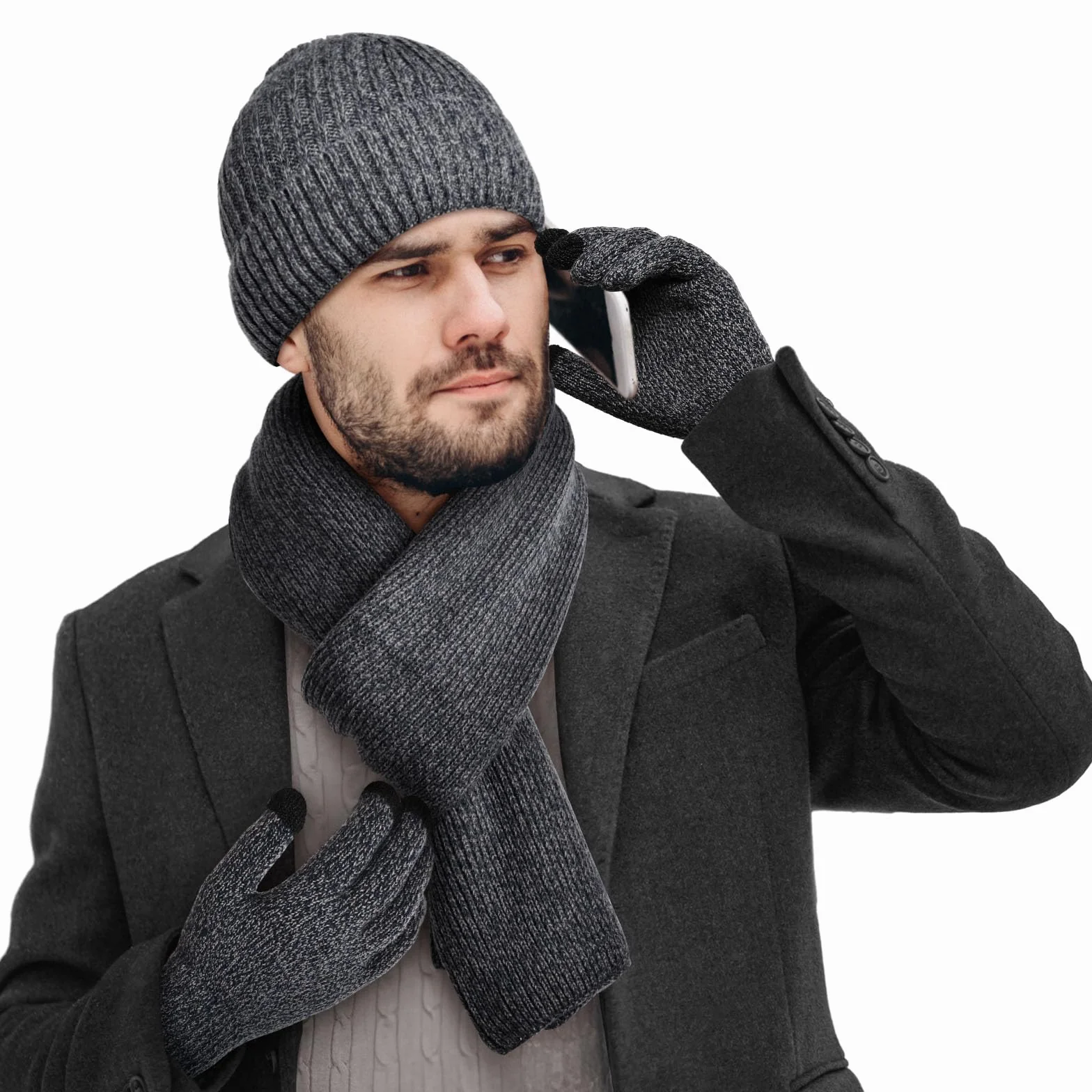 Wisolt 3 zestaw zimowa ciepła dzianinowa czapka beanie szalik rękawiczki do ekranu dotykowego zestaw dla mężczyzn