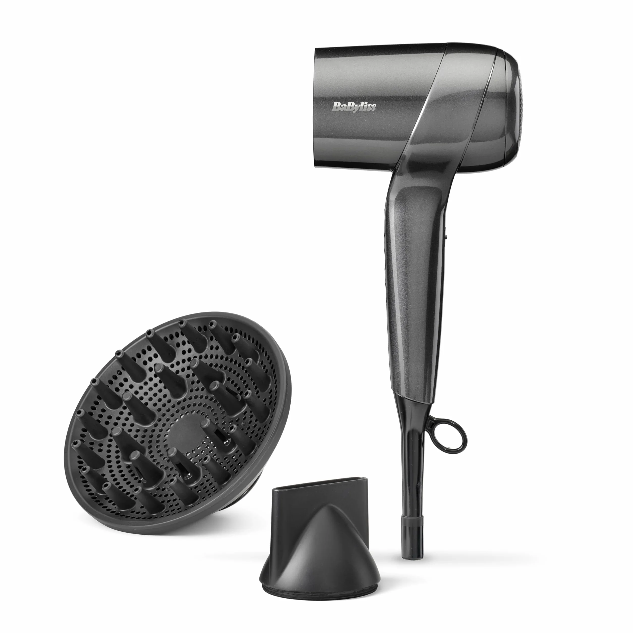 Suszarka do włosów BaByliss Titanium Shine – mocna i kompaktowa, ergonomiczna suszarka, jonizacja przeciw puszeniu, 3 ustawienia temperatury i 3 prędkości, kolor srebrny, model D6200DE