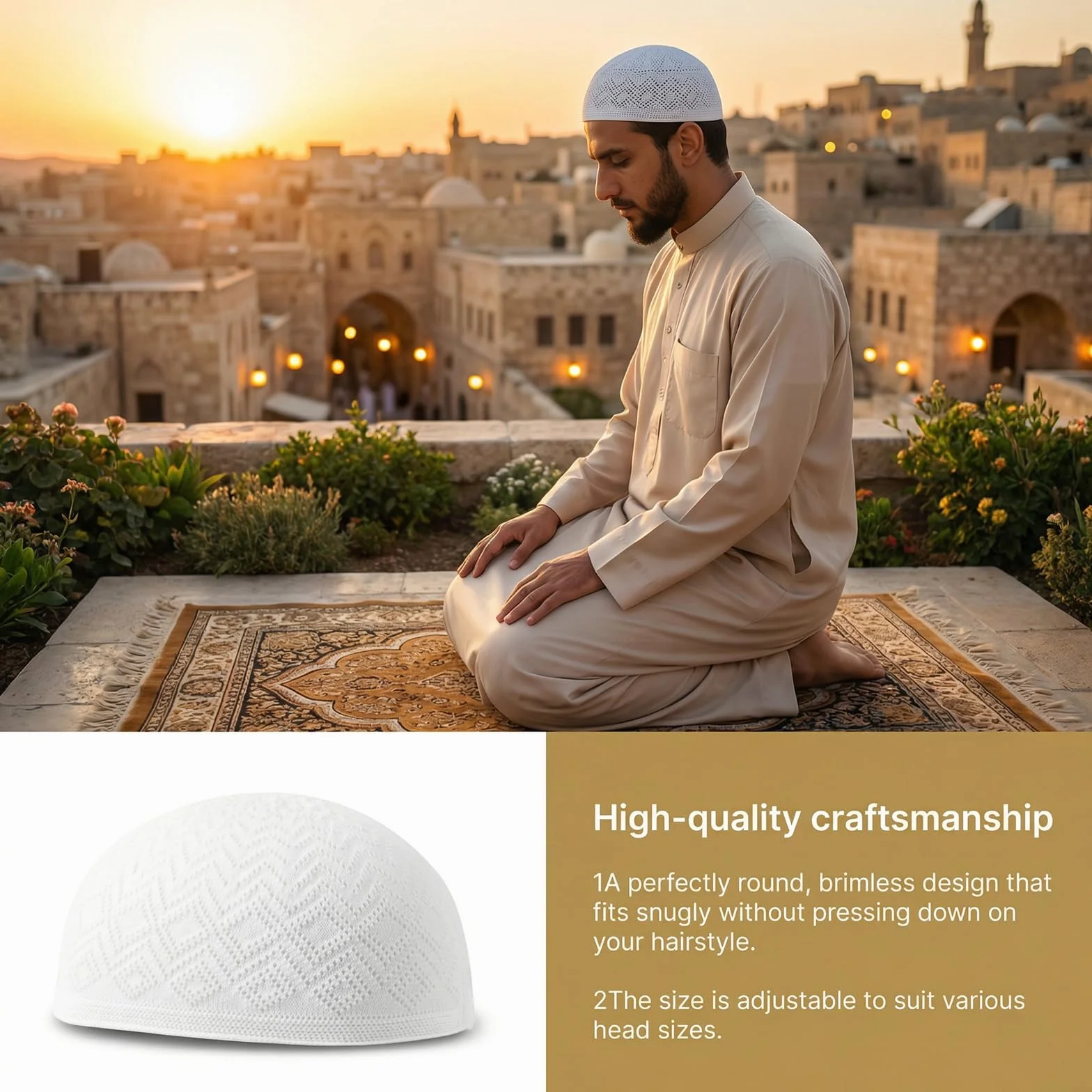 Muzułmańska czapka męska Kufi, 3 sztuki, czapka modlitewna z bawełny, biała, obwód głowy 55-59 cm, taqiyah Kufi Cap z kwadratowym wzorem, lekka, oddychająca czapka z daszkiem