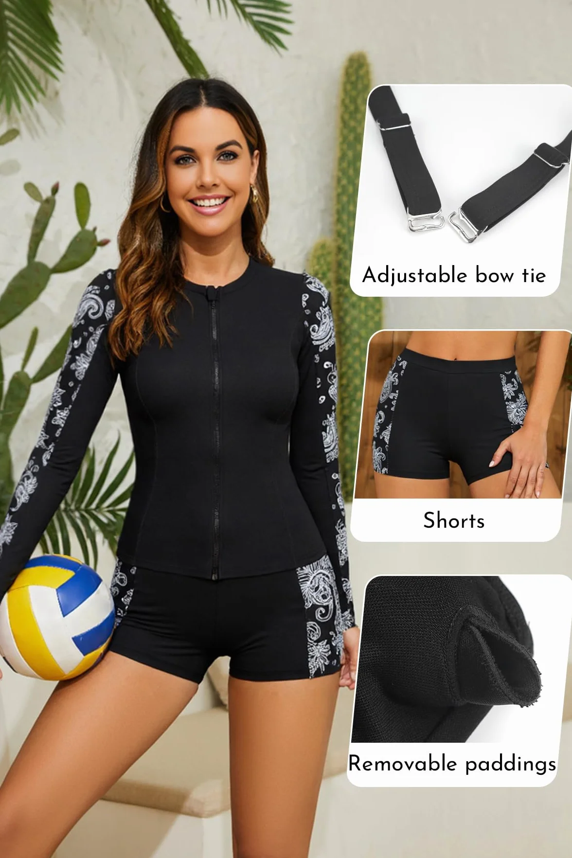 SHEKINI Rash Guard 3-częściowy strój kąpielowy z długim rękawem, z zamkiem błyskawicznym, ochrona przed słońcem, moda kąpielowa, bikini top, szorty kąpielowe