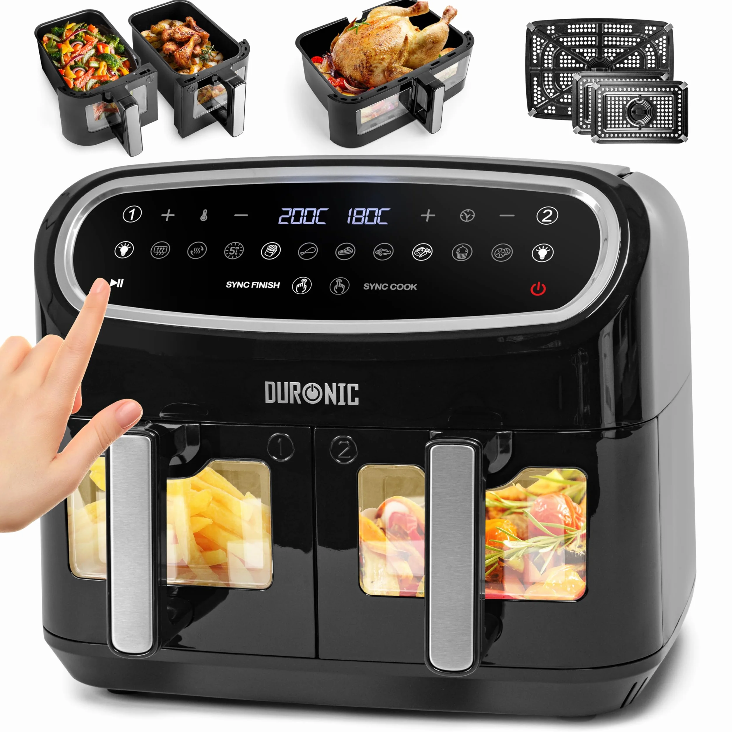 Duronic AF34 BK Frytkownica beztłuszczowa na gorące powietrze | Air fryer XXL z AFD1 duża komora 10l i 2x po 5l dwukomorowa wielofunkcyjna | dual