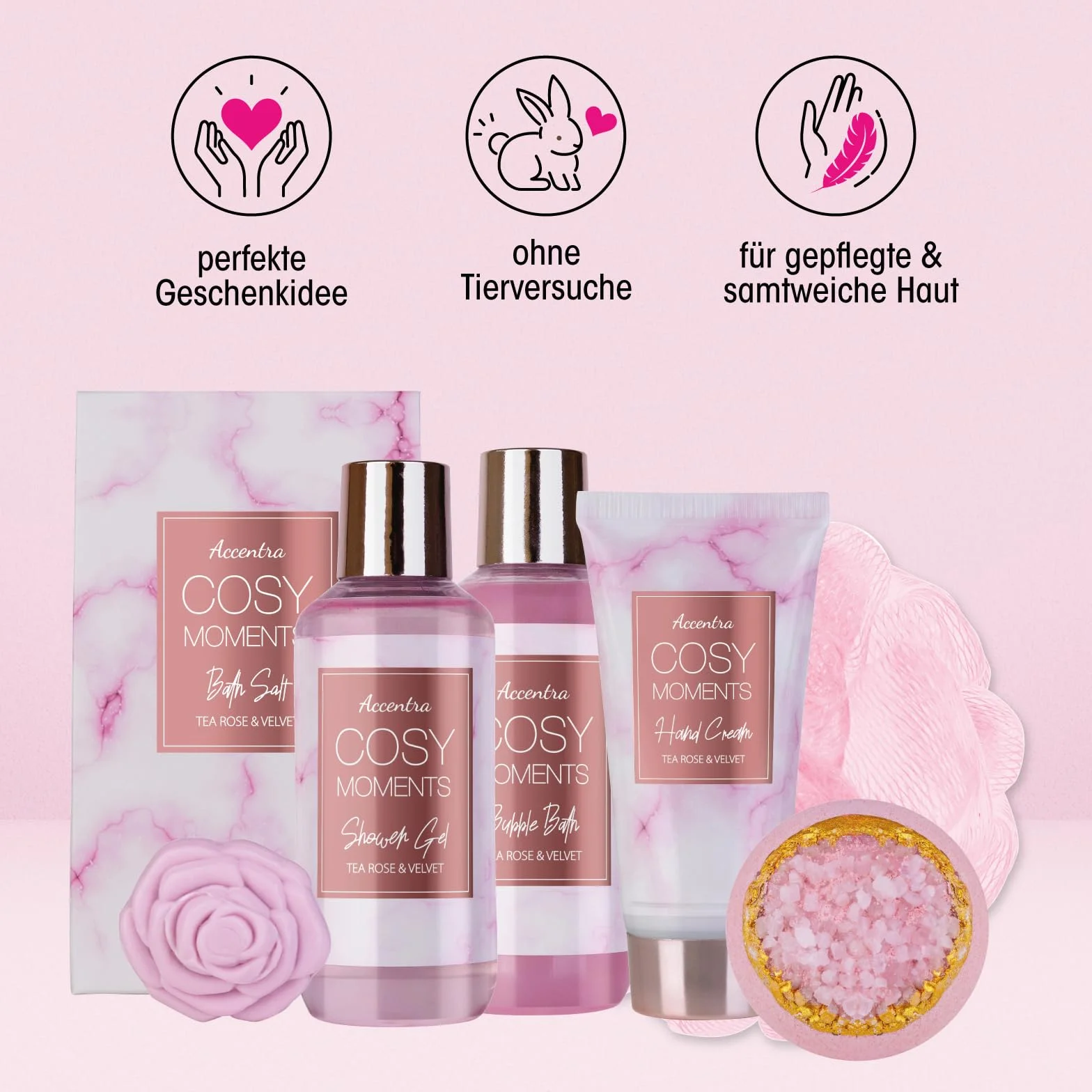 Accentra - COSY MOMENTS zestaw do kąpieli i prysznica w kolorze różowym – zestaw prezentowy do relaksu dla kobiet na urodziny lub Walentynki – 7-częściowy zestaw upominkowy i pielęgnacyjny z mini