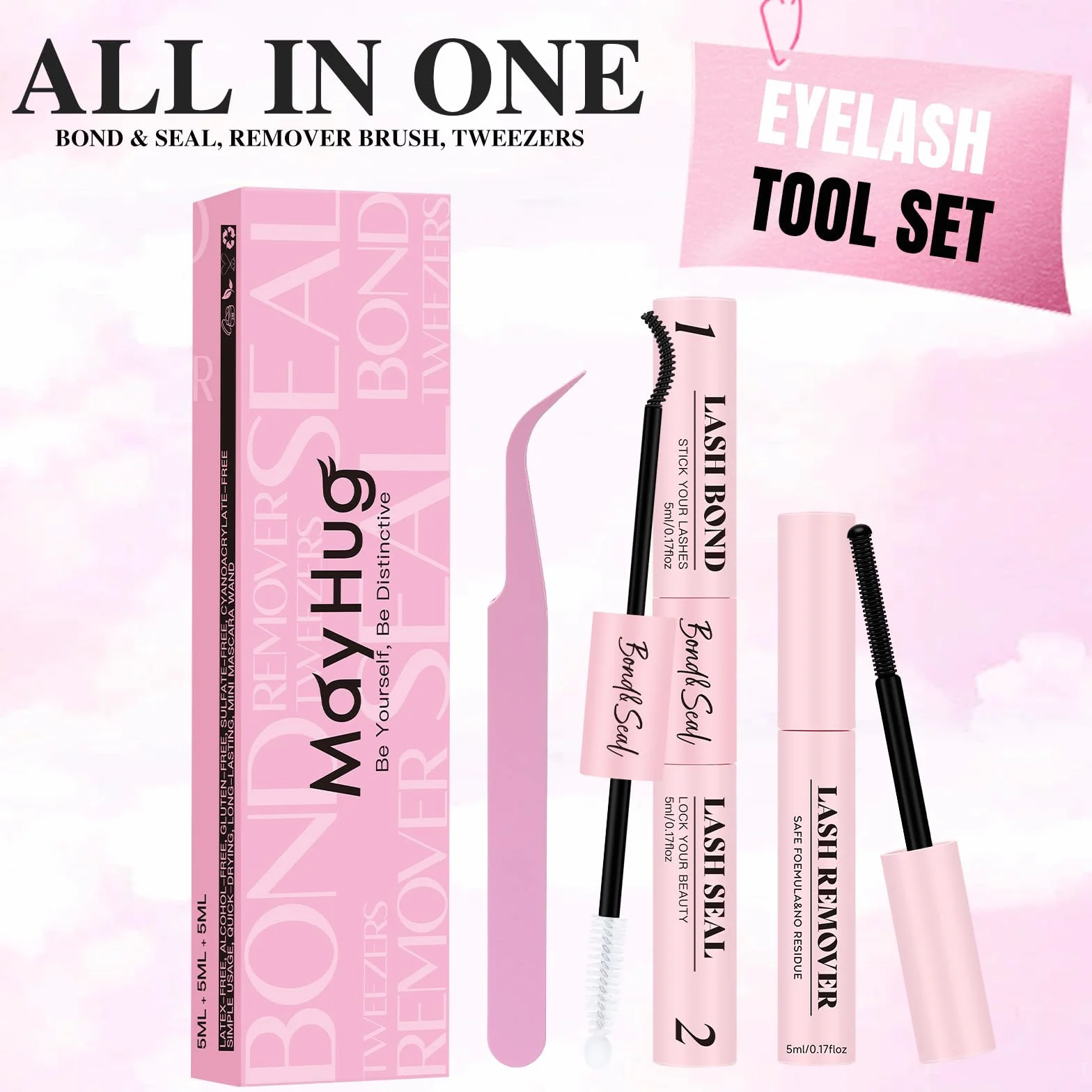 Mayhug Klej do rzęs Lash Bond i Seal Kit 4 szt. do przedłużania włosów typu "zrób to sam", mocne trzymanie przez 48-72 godzin, wodoodporne i odporne na pot, odporne na temperaturę klej do rzęs