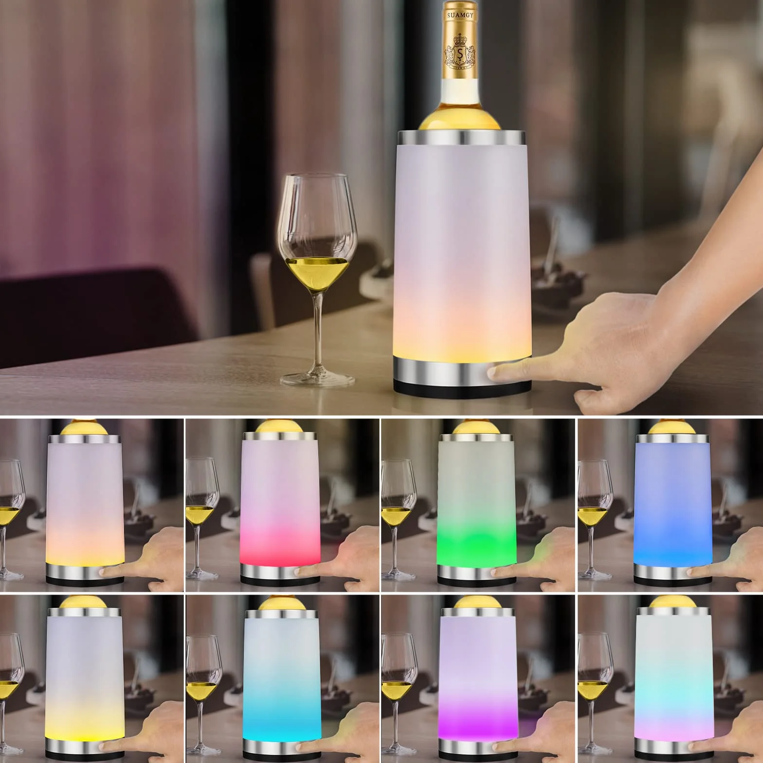 Chłodziarka do wina z lampą dotykową RGB do ponownego ładowania, chłodziarka do butelek z 2 wkładami chłodzącymi, 750 ml, idealny prezent do wina dla kobiet i mężczyzn