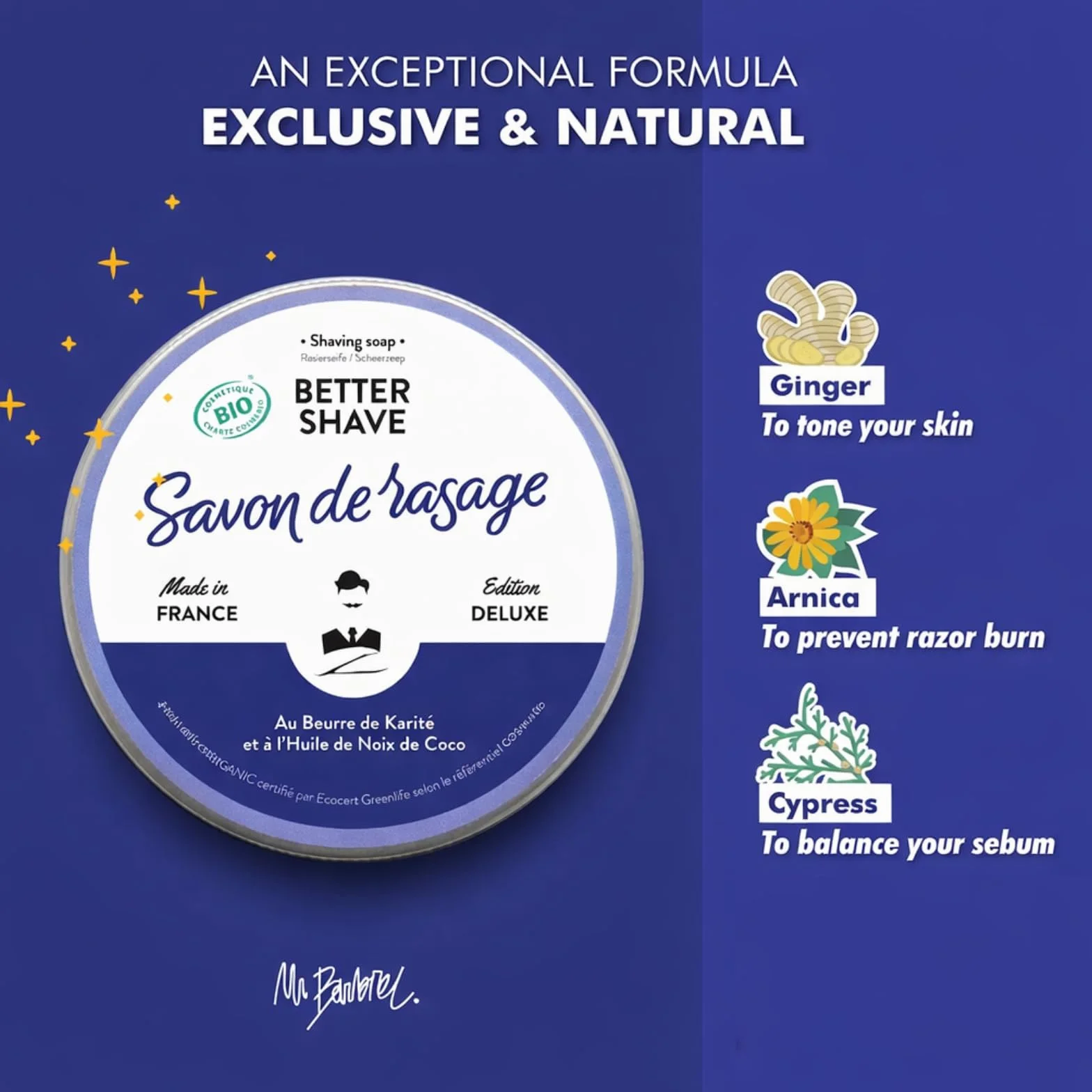 Monsieur Barbier : Mydło do golenia BETTER-SHAVE - Mydło do golenia dla mężczyzn, rzemieślnicze, naturalne i idealne do skóry suchej, wrażliwej skóry i twardej brody - 100% wyprodukowane we Francji