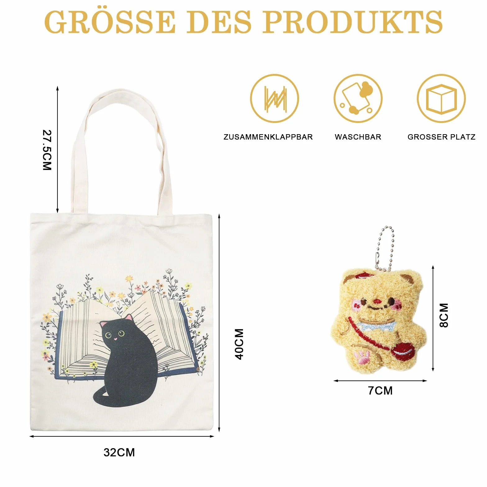 HENGBIRD Prezenty dla miłośników kotów z zawieszką w kształcie misia, czarny kot, torba materiałowa, z nadrukiem, składana torba na zakupy, torba jutowa, damska, Aesthetic Canvas torebka dla kobiet
