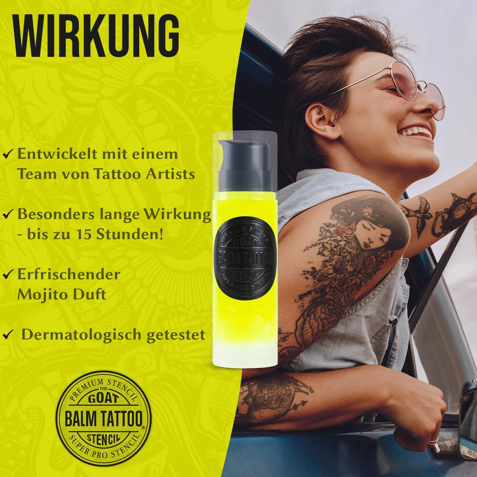BALM TATTOO The GOAT Stencil żel do przenoszenia szablonów do tatuażu, żel transferowy, 100% wegański, testowany dermatologicznie, długotrwały kontur, aromat Mojito