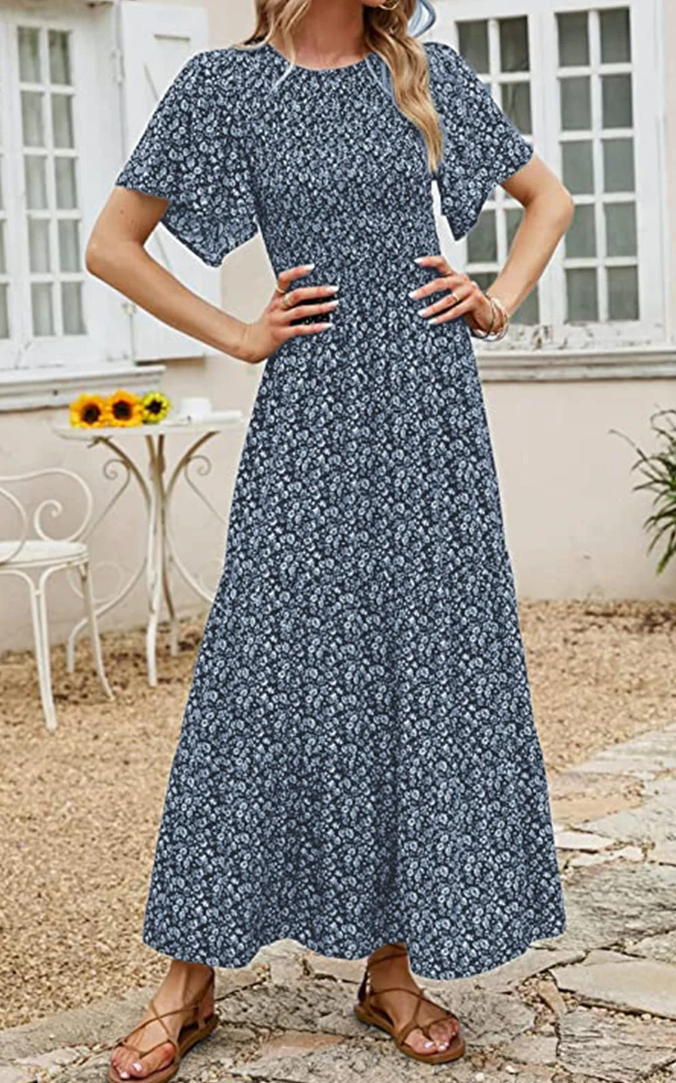 PRETTYGARDEN Women's 2025 Summer Round Neck Short Flutter Sleeve Smocked Ruffle Floral Maxi Dress Flowy Tiered Boho Dress (Navy,Medium)