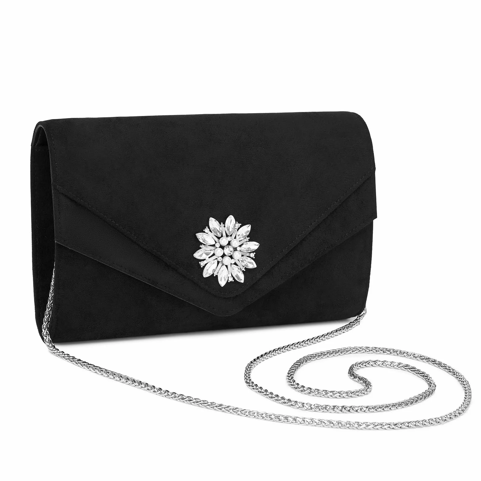 Miss Lulu Damska kopertówka, elegancka kopertówka na uroczystość, zamszowe torebki diamentowe, elegancka torebka wieczorowa z łańcuszkiem na wesela, imprezy i wieczory, czarne