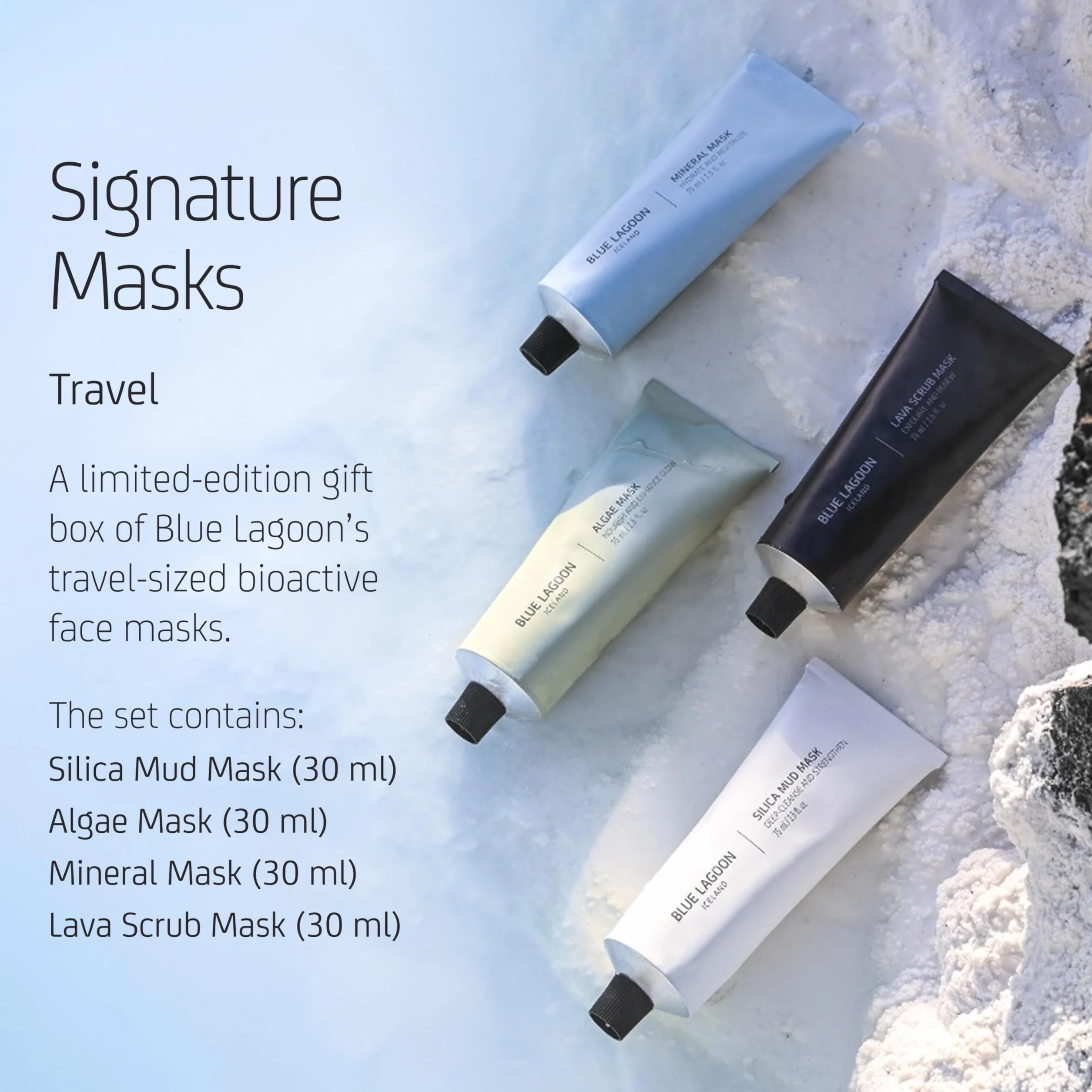 Blue Lagoon - Signature Masks zestaw podróżny | zrównoważona, bioaktywna, luksusowa pielęgnacja skóry (4 sztuki, zestaw, po 30 ml)