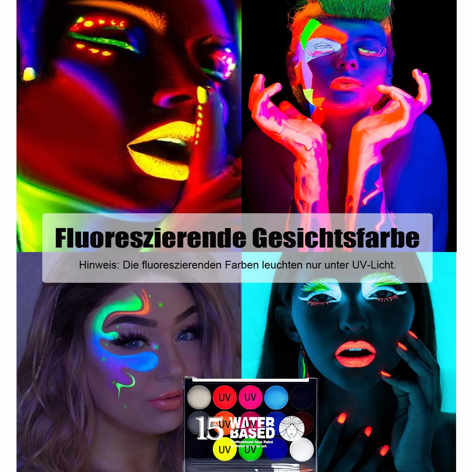 15-kolorowa, neonowa paleta do malowania twarzy UV – na bazie wody, świeci w świetle UV, żywa i trwała, łatwa do nałożenia pędzlem, hipoalergiczna, idealna na Halloween, cosplay, imprezę