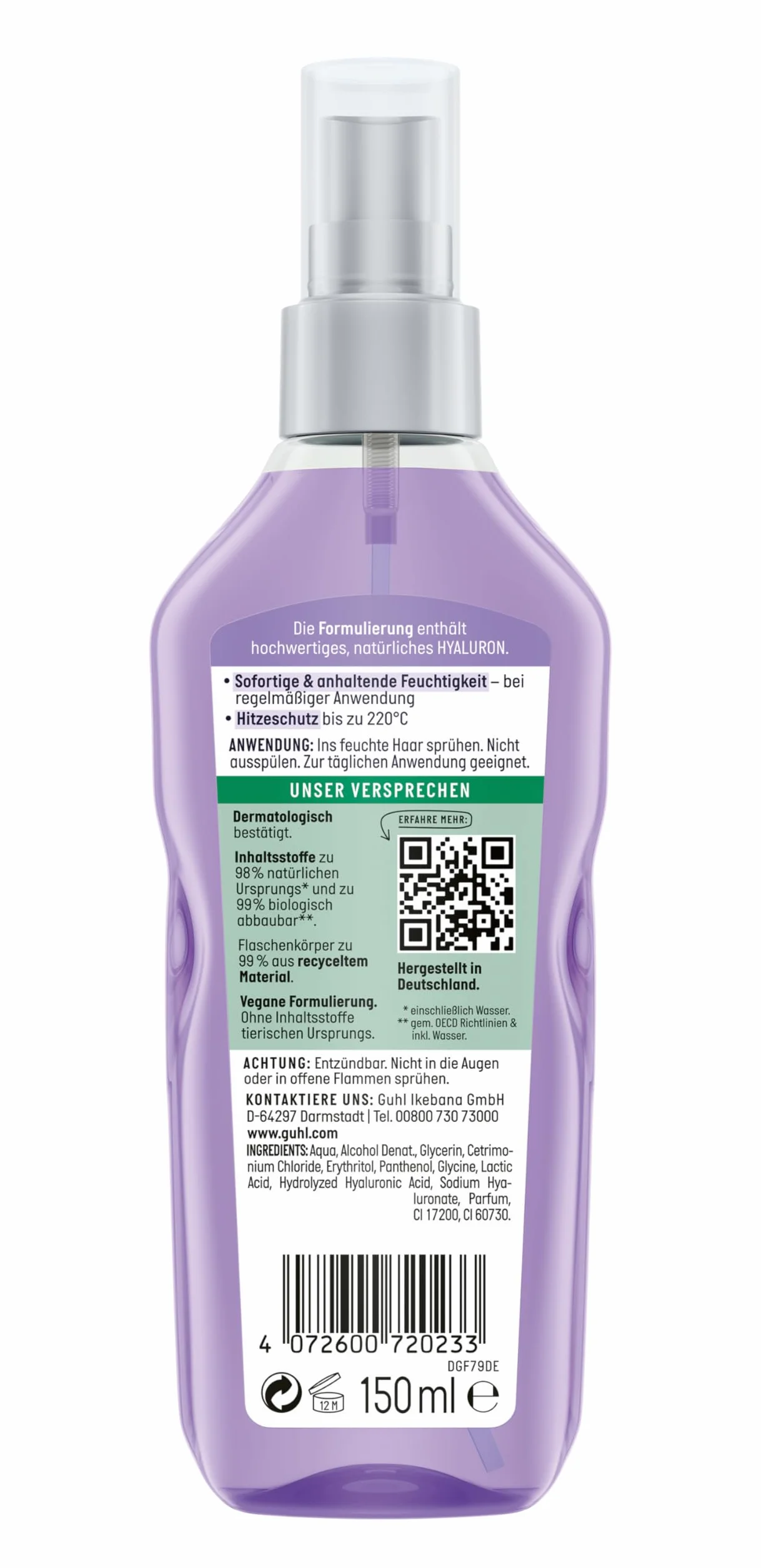 Guhl Krem hialuronowy + pielęgnacja serum w sprayu – zawartość: 150 ml – typ włosów: wymagające nawilżenia – bez silikonów – z naturalnym kwasem hialuronowym