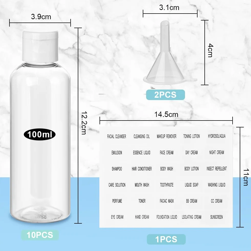 flintronic Zestaw pustych butelka podróżnych, 100 ml, do napełniania małym lejkiem, kosmetykami z lejkiem, na podróż samolotem, szampon, balsam