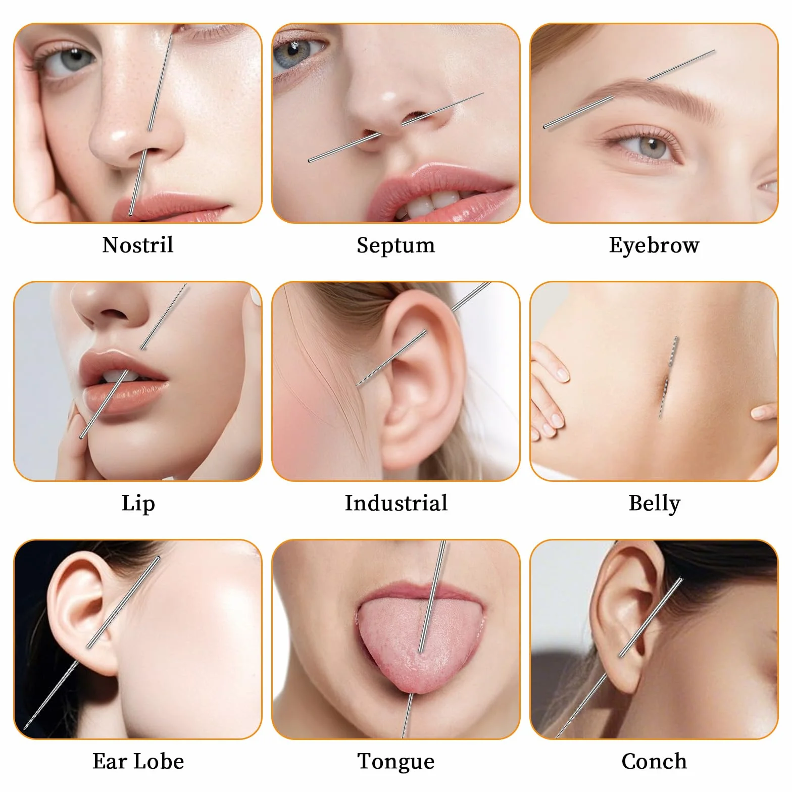 Zestaw narzędzi do piercingu kulkowego, 16G, 18G, bez gwintu, gwint wewnętrzny, gwint zewnętrzny, ze stali nierdzewnej, płaskie tylne kolczyki, narzędzie do wkładania, zakrzywione kolczyki do ciała