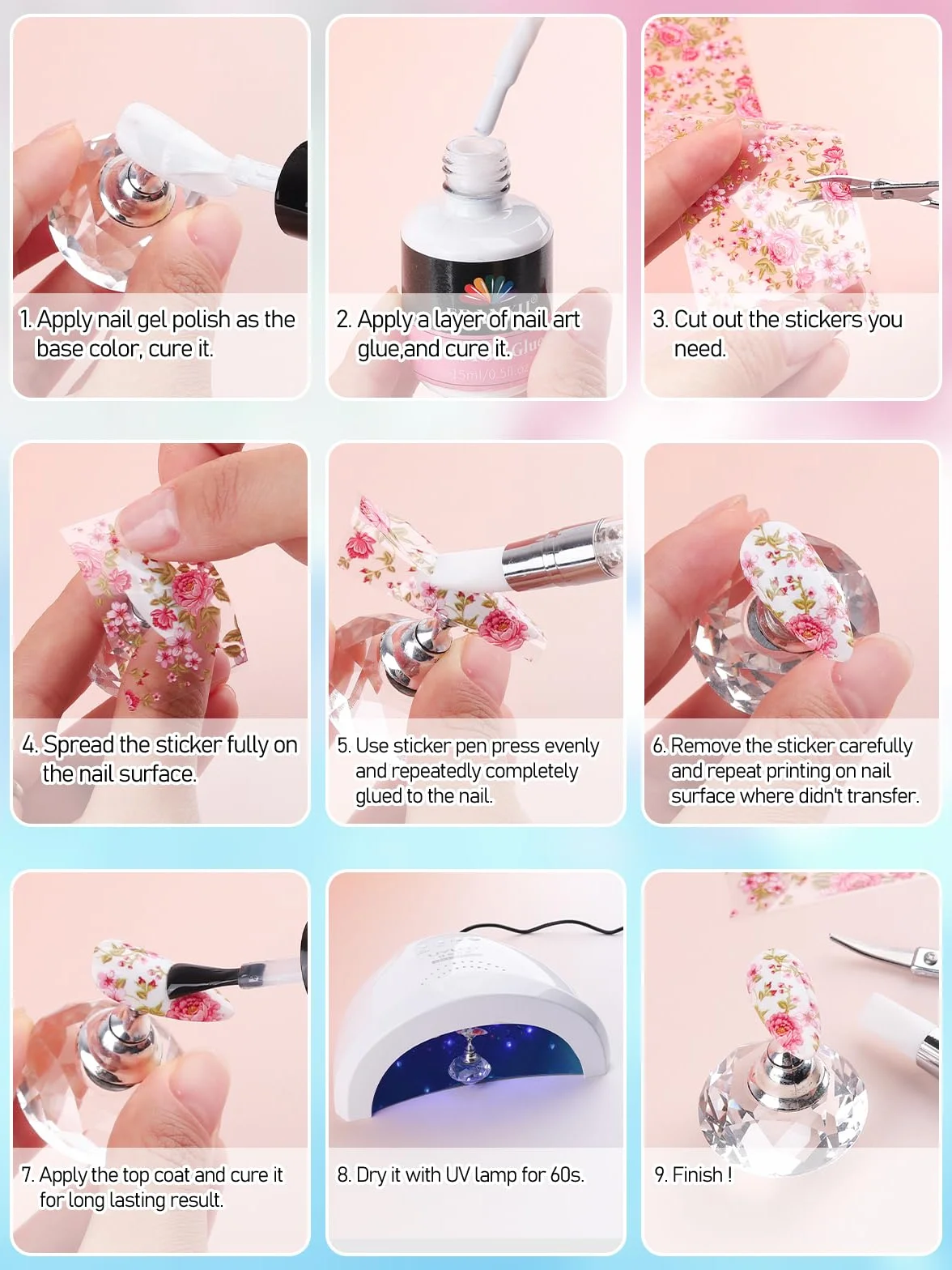 Kalolary Zestaw folii do paznokci holograficzne arkusze foliowe z klejem żelowym do manicure DIY (20P)