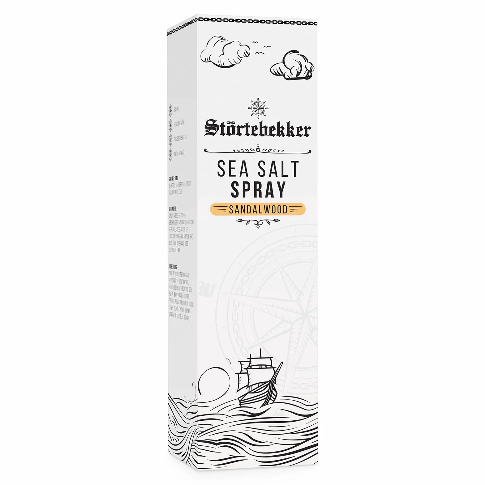 Störtebekker Premium Sea Salt Spray z drewna sandałowego – spray ze słoną wodą z naturalną solą morską dla objętości, połysku i elastycznego trzymania – wegański, bez silikonów i parabenów (200 ml