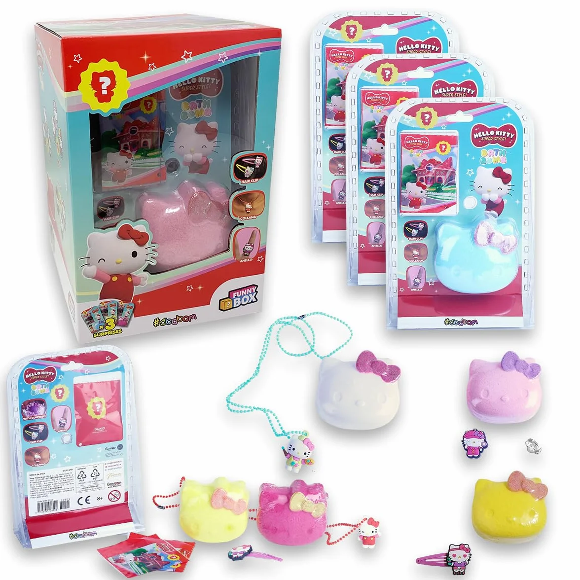 Sbabam FUNNY BOX Hello Kitty Bath Bomb, Bomby do kąpieli dla dzieci z niespodzianką, 3 sztuki, można znaleźć pierścionek, naszyjnik lub spinkę do włosów - Hello Kitty gadżety na prezent dla