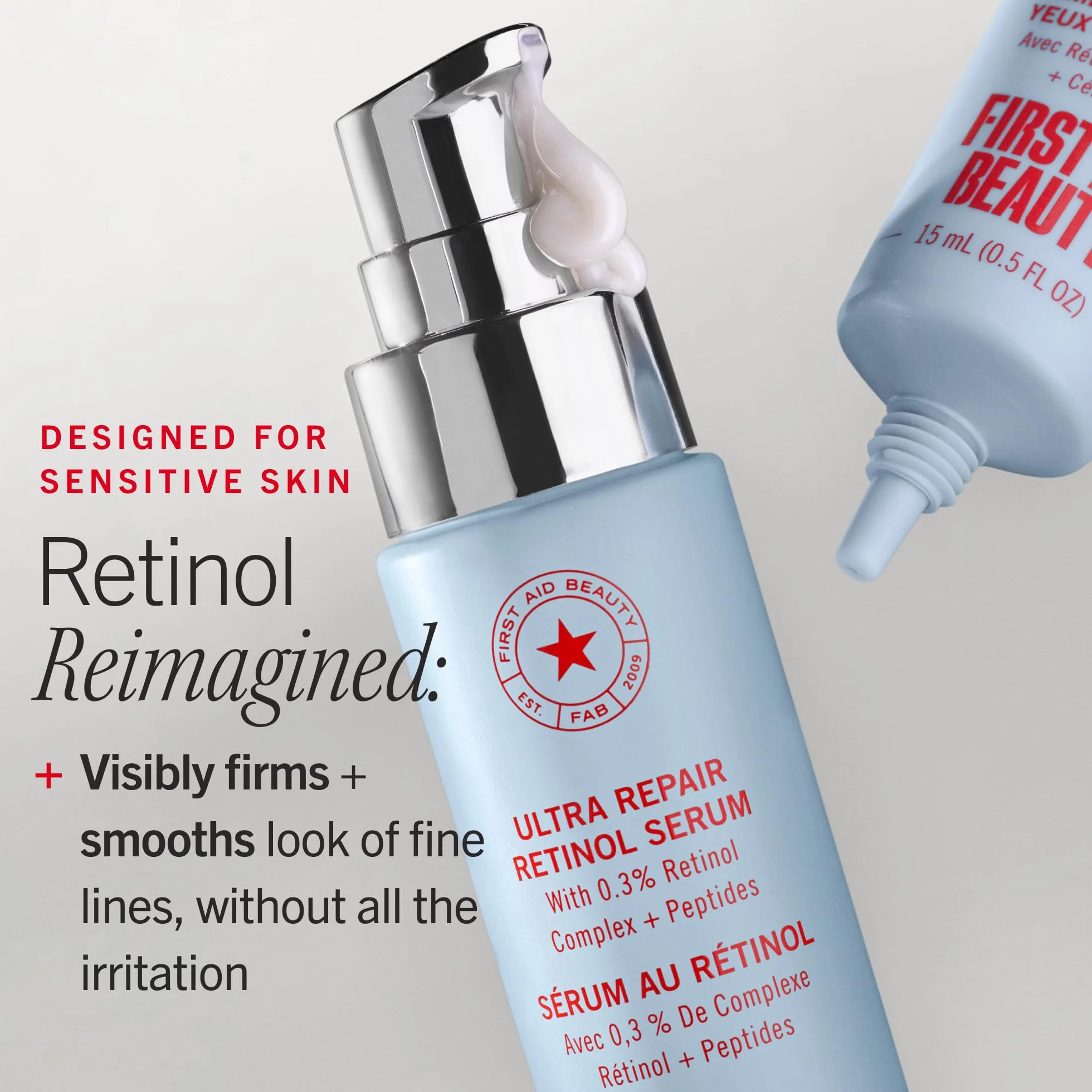 First Aid Beauty - Krem pod oczy z retinolem with skwalanem i ceramidami, serum z kapsułkowanym retinolem do delikatnej skóry, pomaga poprawić wygląd drobnych linii i zmarszczek