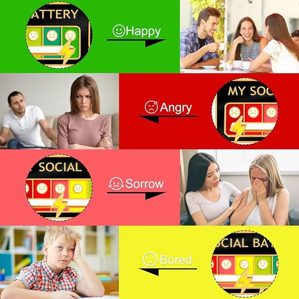 Social Battery zestaw przypinek, 4 sztuki, zabawna broszka na baterię społeczną i nastrój, przypinka do plecaka, kurtki, czapki, torby