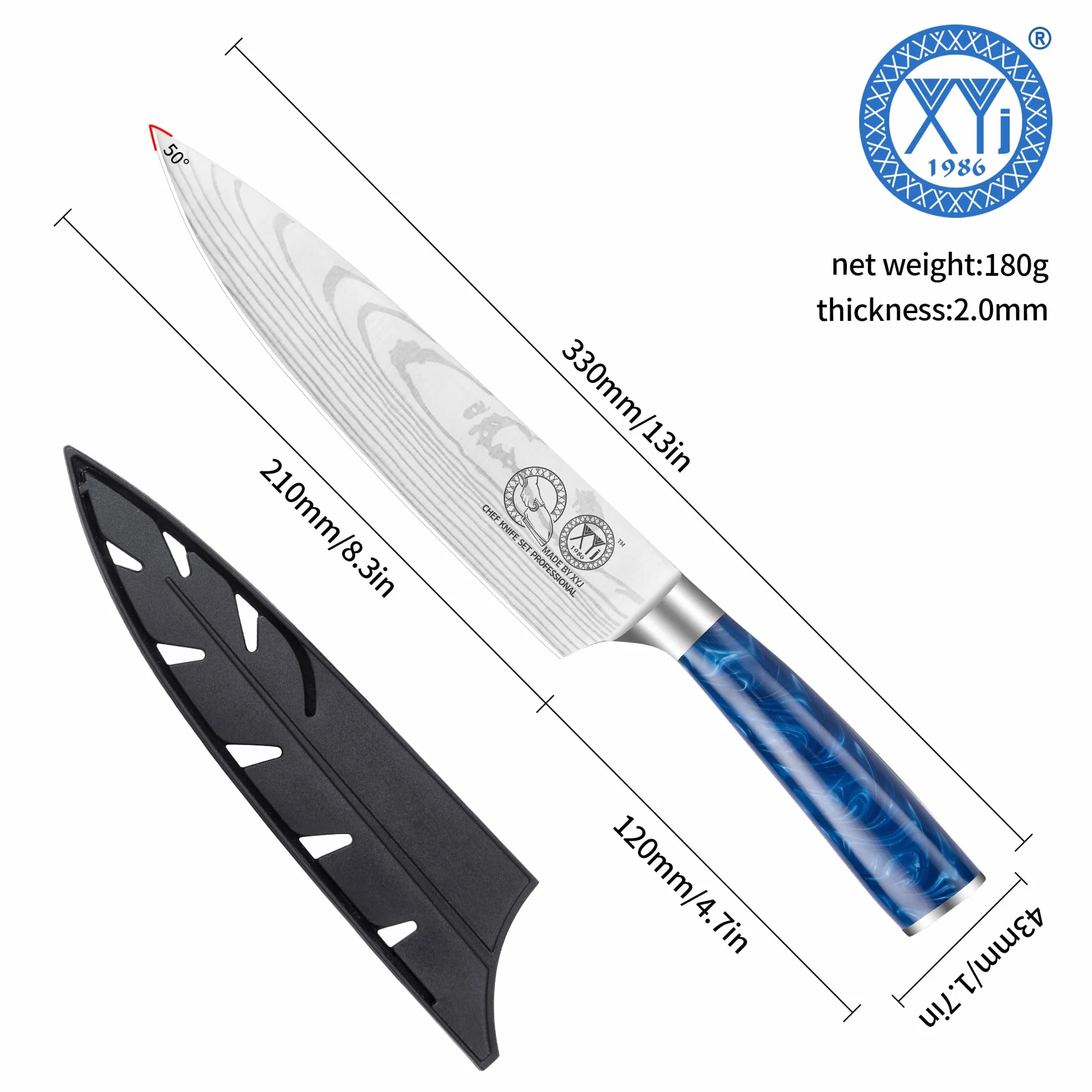 XYJ Professional Japanese Chef Knife 8 Inch Stainless Steel,Vein Damascus Pattern Sharp Blade,Meat Cleaver,Slicing Cooking Kitchen Knife With Sheath,Portable Outdoor Camping BBQ