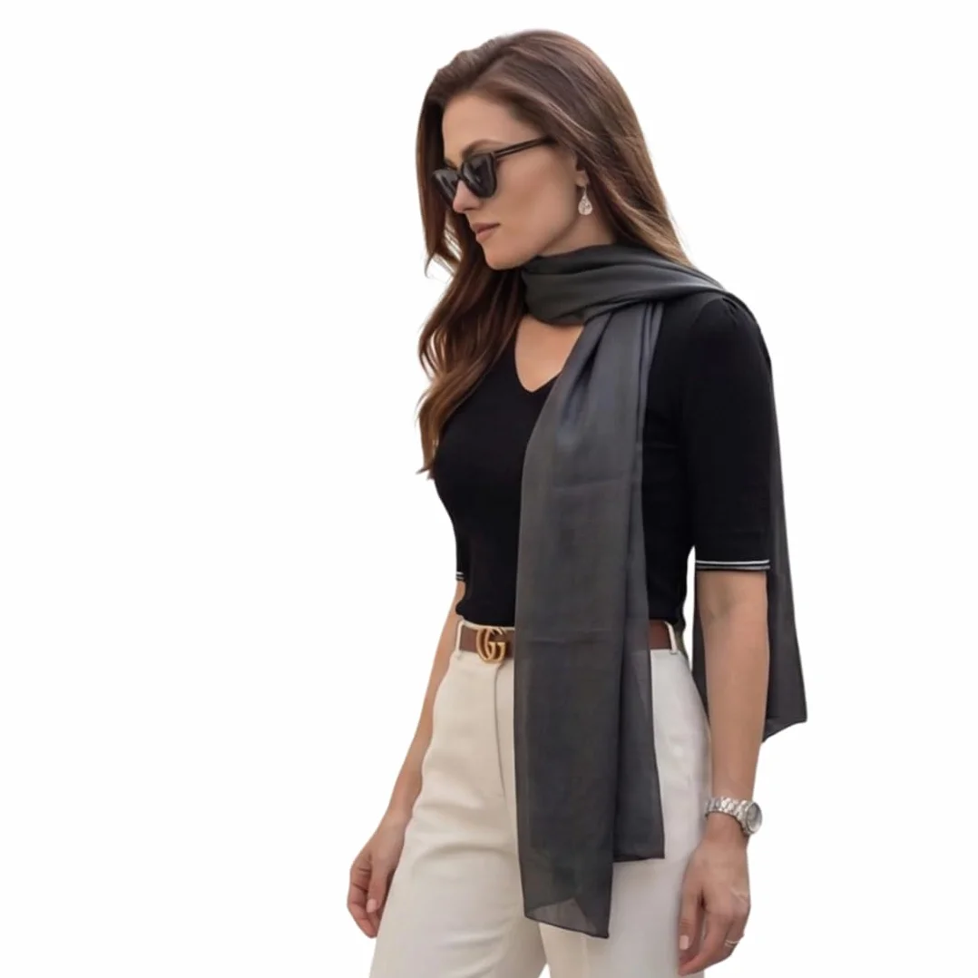 Damski jedwabny szal 100% jedwabny, ciemnoszary, 180 x 90 cm, jednokolorowy, do garnituru, na formalne okazje, styl biznesowy, lekki prezent dla niej