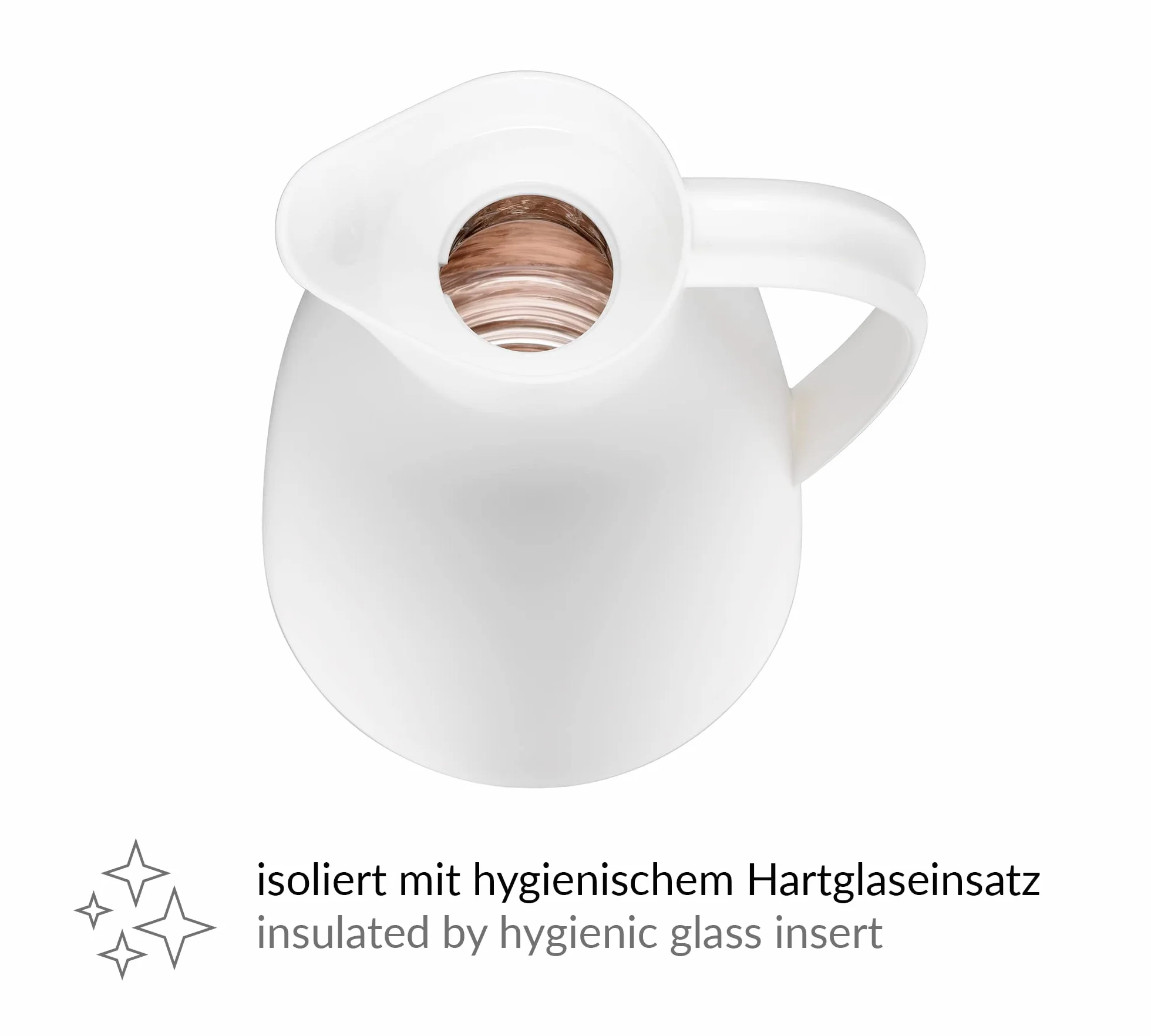 alfi ECO 1,0 l, coconut white mat, izolowany dzbanek z higienicznym wkładem ze szkła hartowanego z tworzywa sztucznego, zakrętka z wygodnym przyciskiem, nalewanie jedną ręką, idealnydo kawy