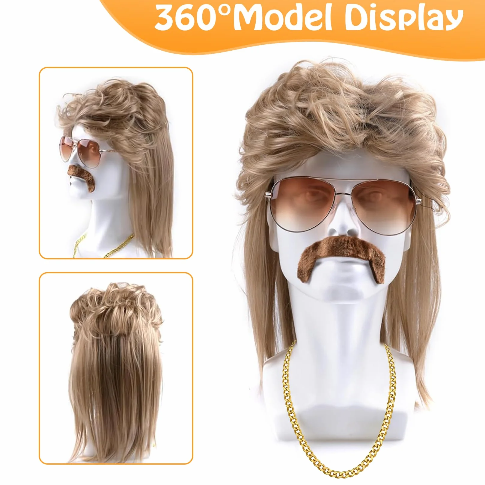 80s strój męskie peruki zestaw 5 akcesoriów hipisowskich 70s 80s Mullet peruka męska dla Cosplay kostium na Halloween impreza tematyczna