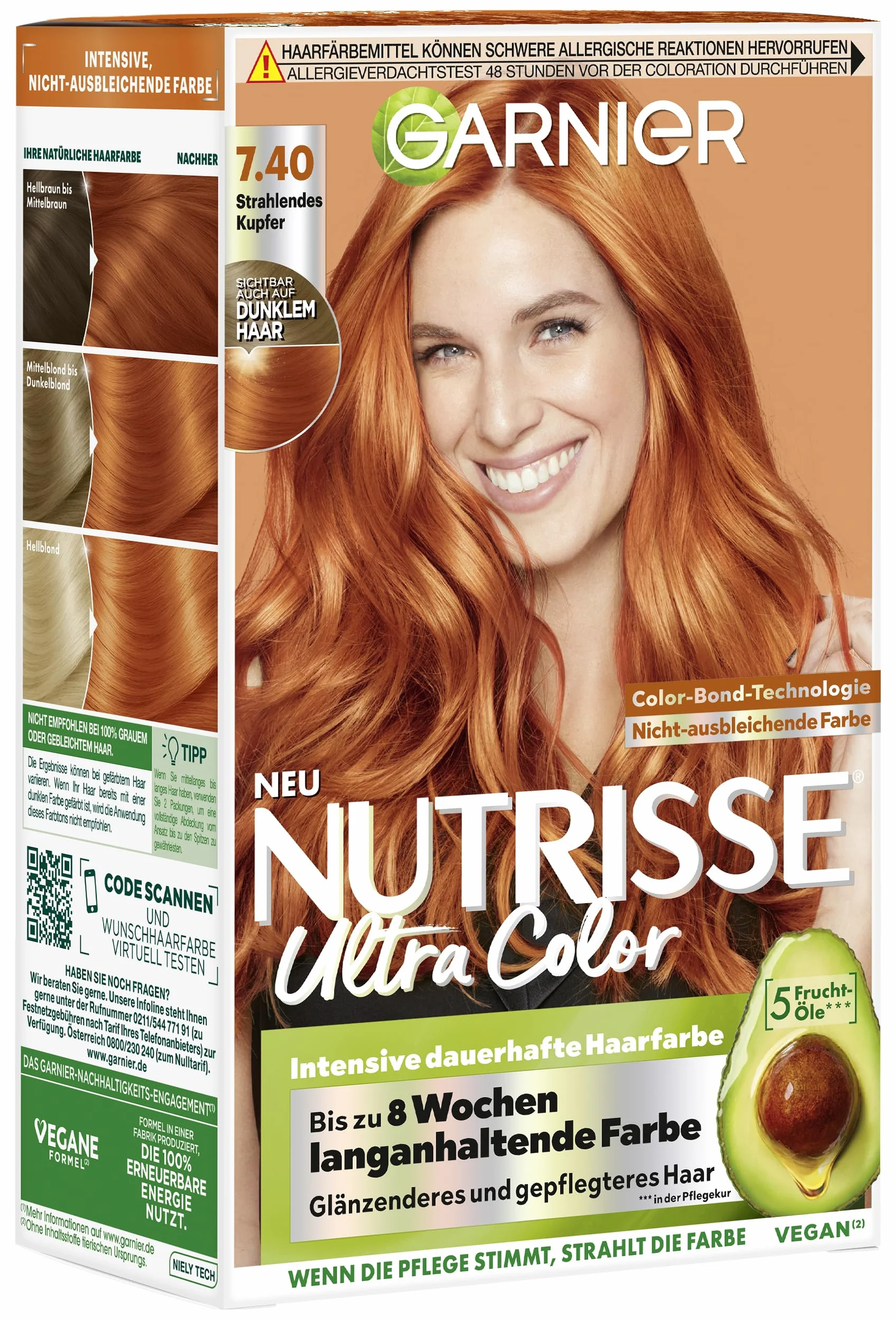 Garnier Nutrisse pielęgnująca intensywna tonacja z odżywczymi olejkami owocowymi, kolor włosów 7,40 promieniująca miedź, 8 tygodni trwałości