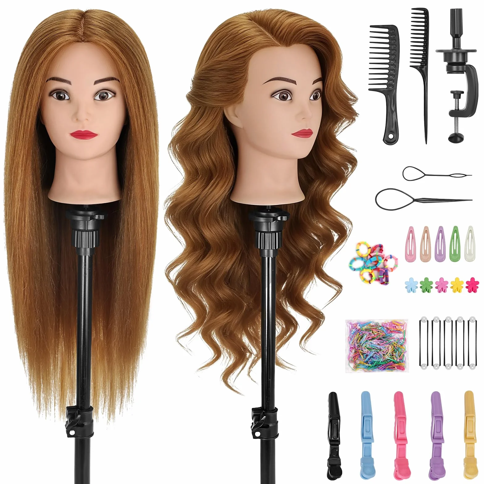 TwoWin Głowa fryzjerska z zwiększoną gęstością włosów, 80% naturalne włosy, głowa do ćwiczeń 66 cm / 26 cali, głowa fryzjerska, głowa do treningu dla fryzjerów do stylizacji i praktyki fryzjerskiej z