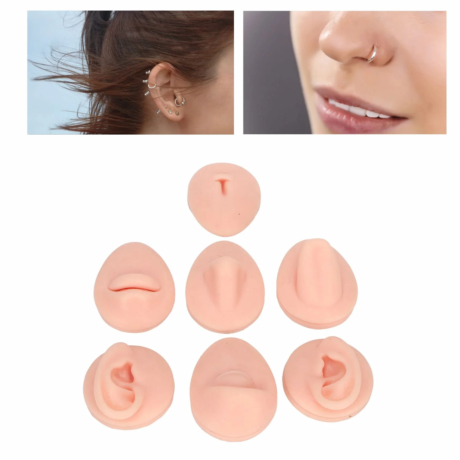 Body Piercing Praktyka Model Symulacja Silikonowe Ucho Oko Nos Usta Język i Pępek Model dla Nowicjusza Piercer (Jasny kolor skóry)