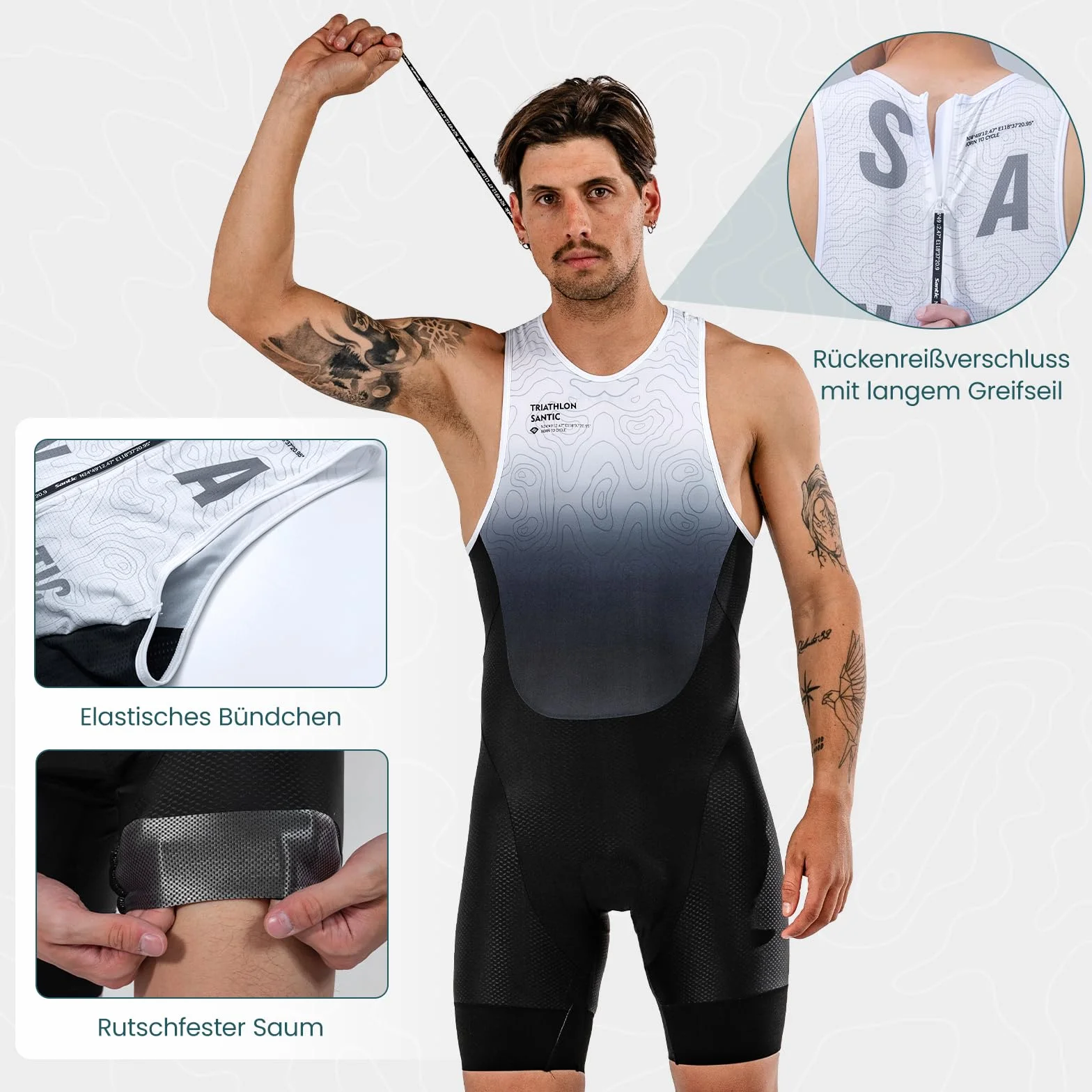 Santic Męski dres triatlonowy, jednoczęściowy, bez rękawów, triatlon, wyściełany, krótki rękaw, triatlon, krótki, wysoka elastyczność, szybkoschnący, wyszczuplający