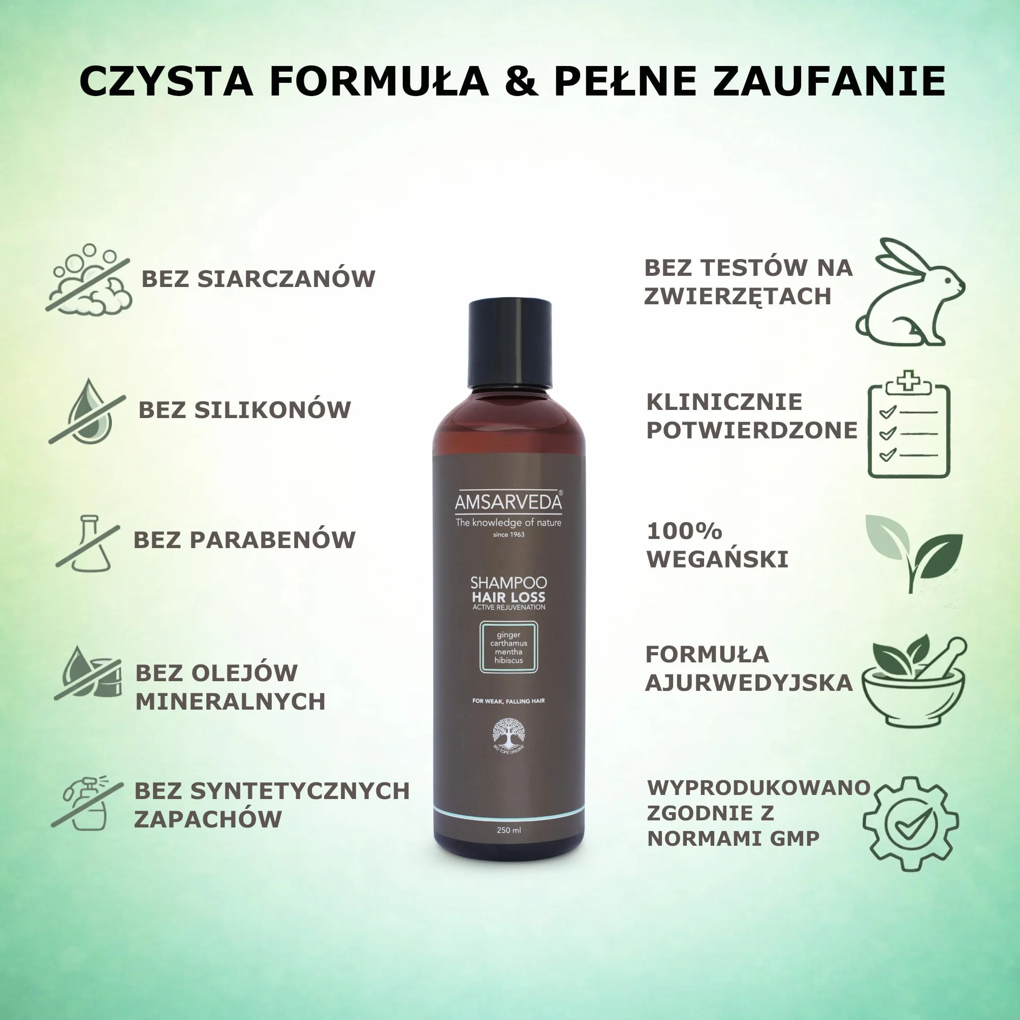 Amsarveda Hair Loss Active Rejuvenation Shampoo- 100% Naturalny, Ajurwedyjski, Głębokie Oczyszczanie, Odżywianie, Bez Parabenów i Sulphate 250ml