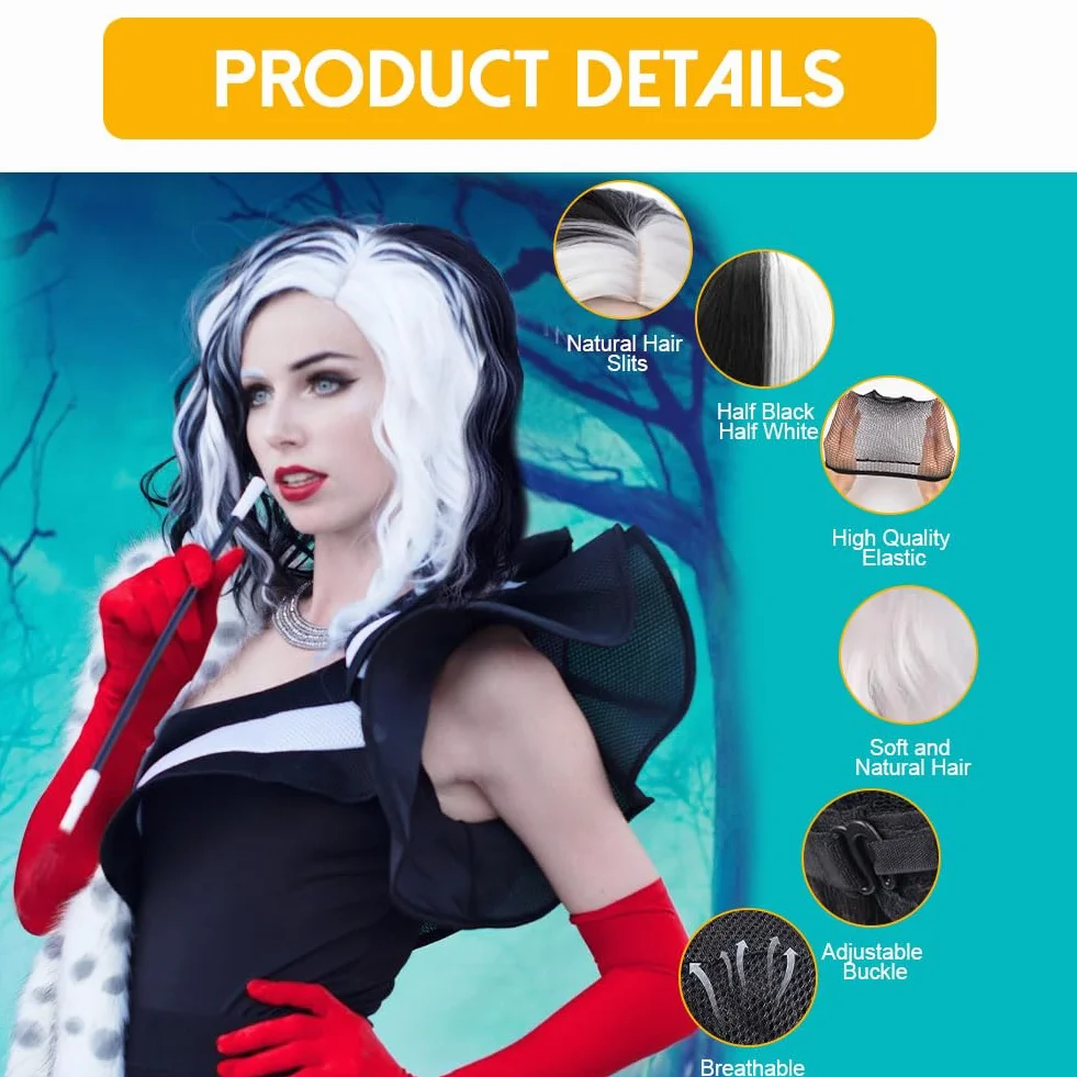 Aomig Syntetyczna Peruka - Środkowa Pół Czarna i Pół Biała Krótka Peruka dla Kobiet na Cosplay, Halloween, Karnawał, Imprezę